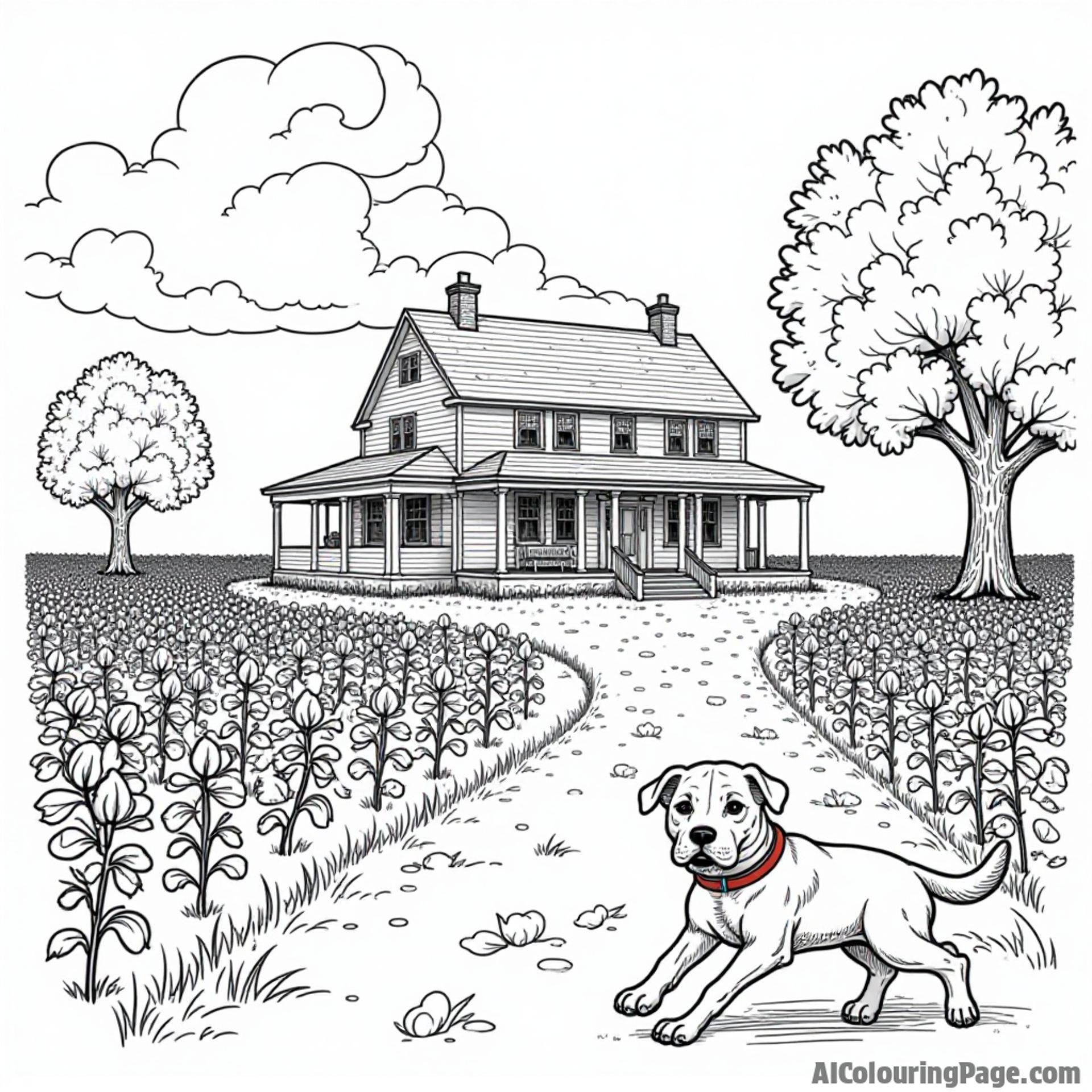 Historical Alabama cotton plantation scene with a big Southern home, a cotton field, and a playful dog running around.
