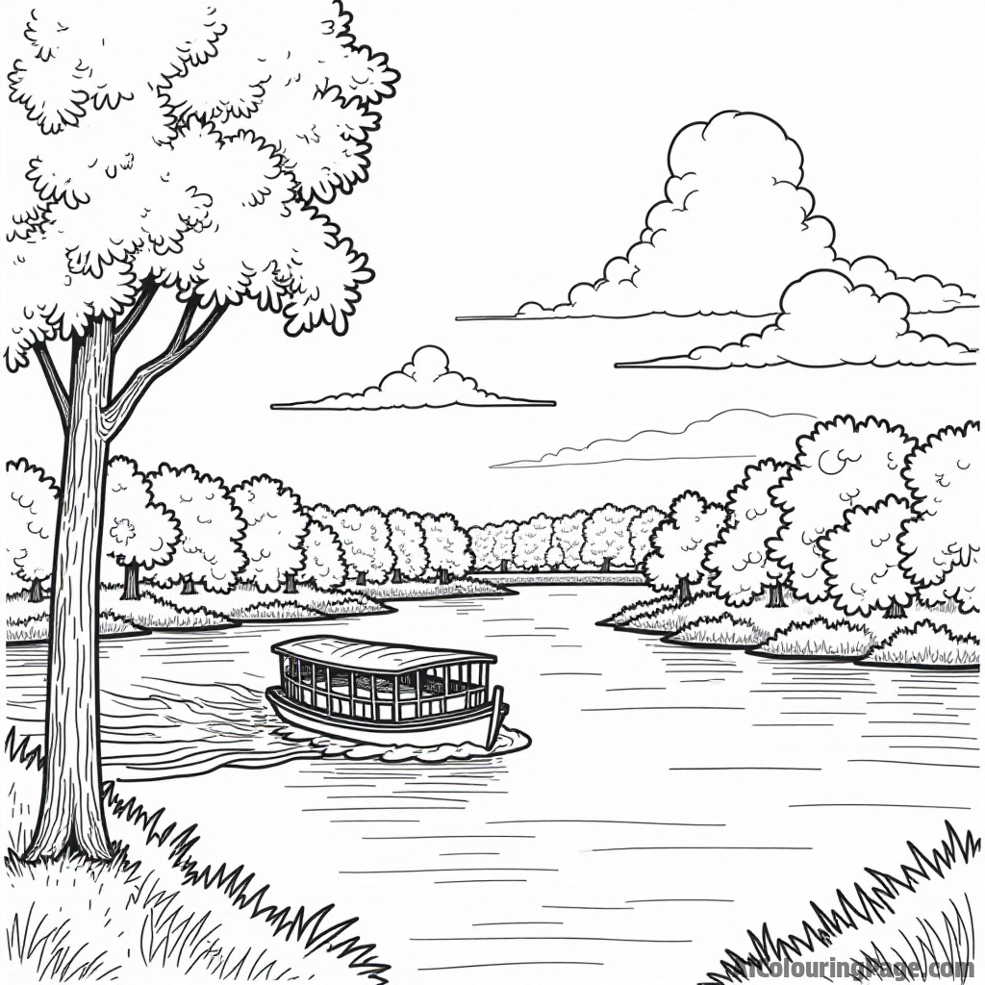 A scenic view of the Mississippi River, with a paddleboat, tall trees, and fluffy clouds for coloring fun.