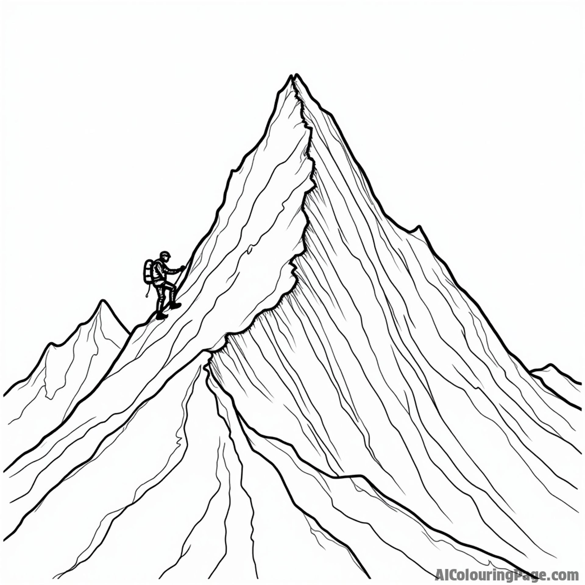A solitary mountain climber scaling a jagged peak, dramatic shadows.