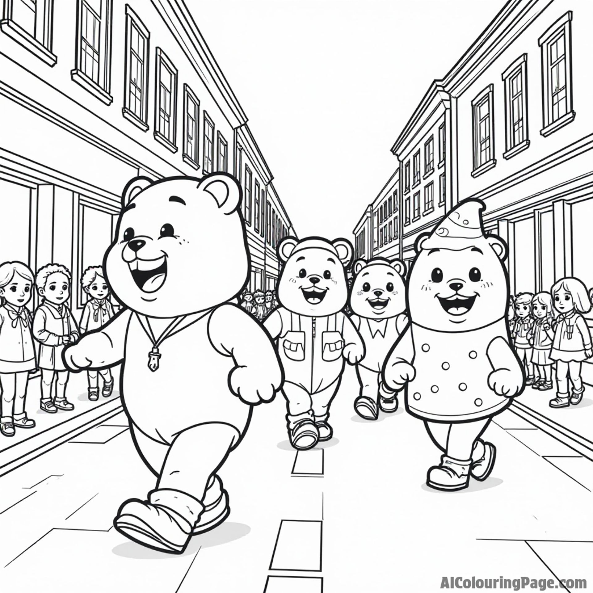 A joyful candy parade with characters dressed as gummy bears, chocolate bars, and candy corn marching along a festive street.
