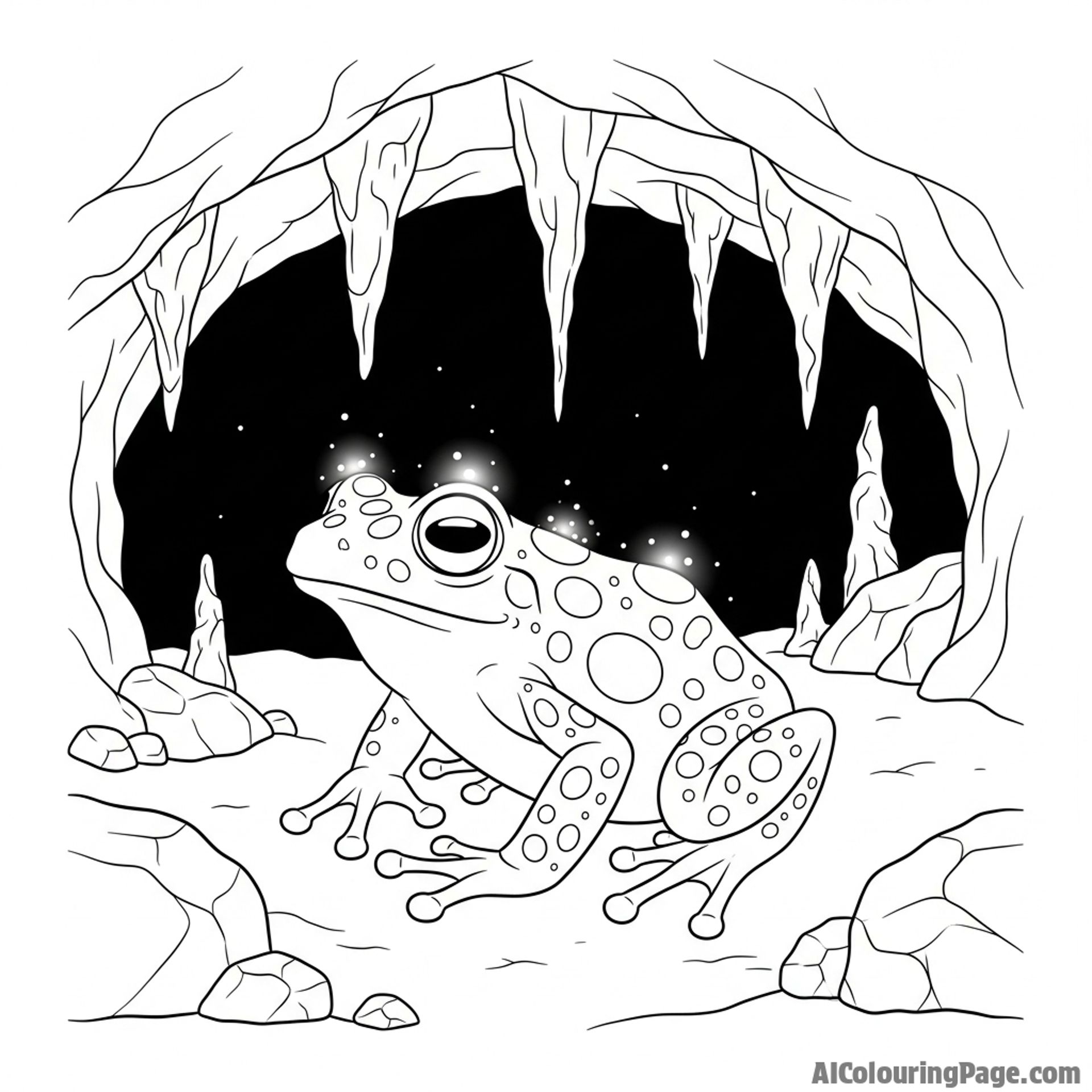 A frog with bioluminescent spots glowing in a dark cave.