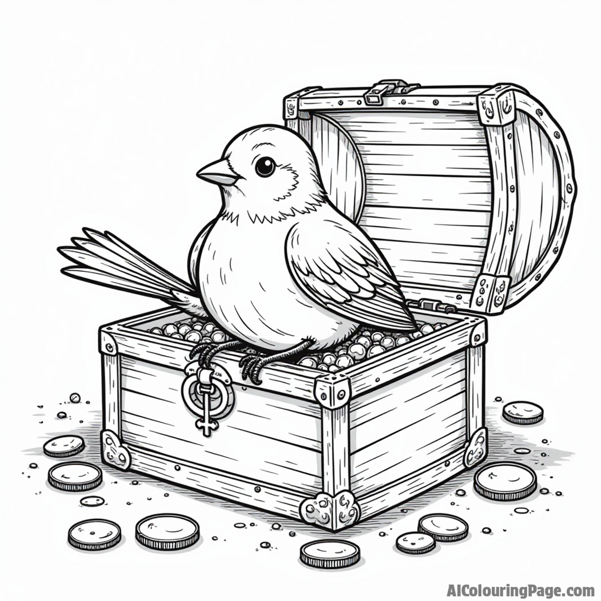 A robin exploring a treasure chest in a pirate-themed scene with jewels and coins scattered, ready for a coloring adventure.
