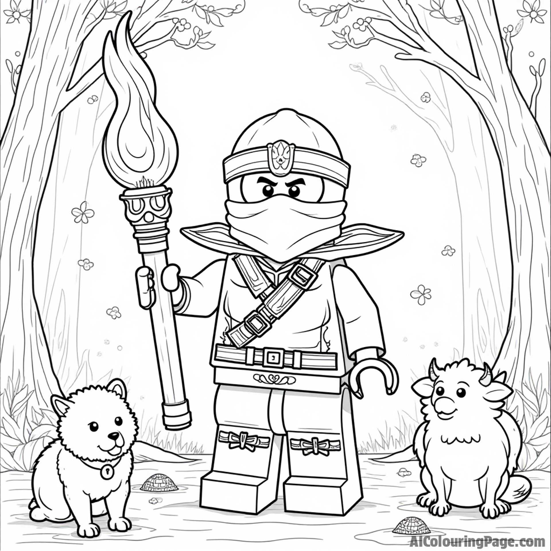 A Lego Ninjago character holding a magical staff, surrounded by mystical creatures in a forest, with enchanting details and whimsical elements, designed for imaginative coloring fun for kids.