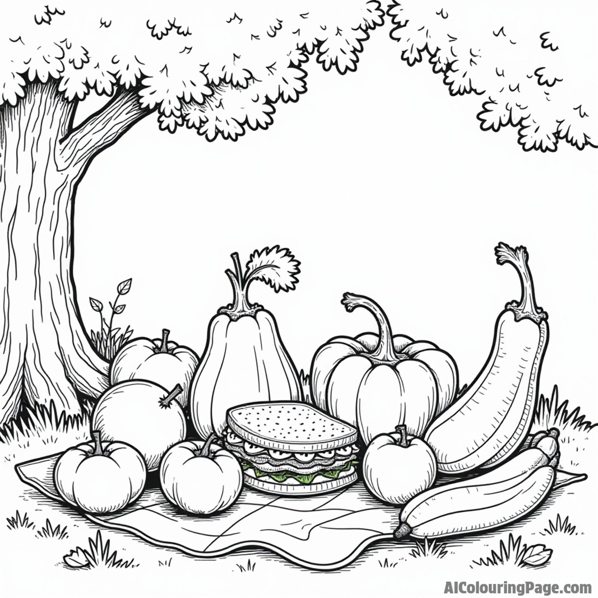 A group of vegetables at a picnic, enjoying sandwiches and fruits under a tree with a picnic blanket.
