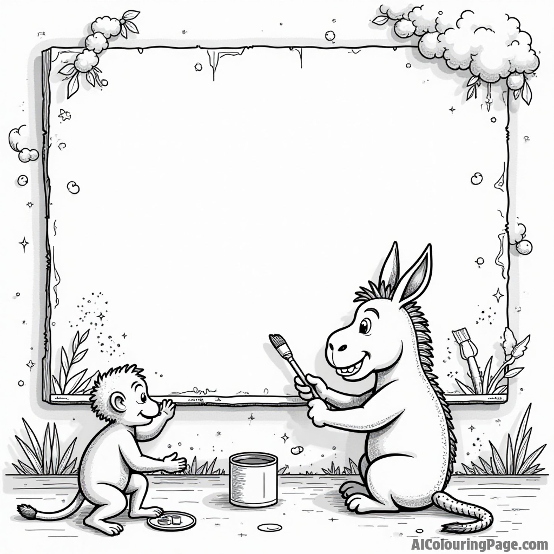 A donkey and a monkey painting a large mural on a wall, with brushes and paint cans scattered around