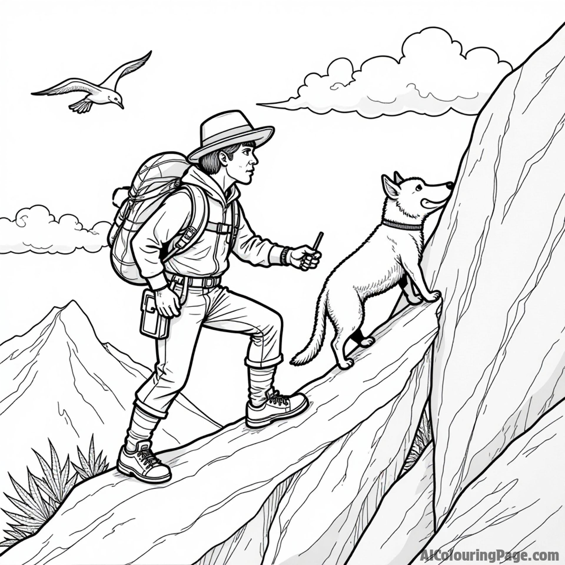 An explorer with a compass, climbing a rocky mountain alongside a loyal dog, with birds flying overhead, creating an adventurous atmosphere for young artists to color.