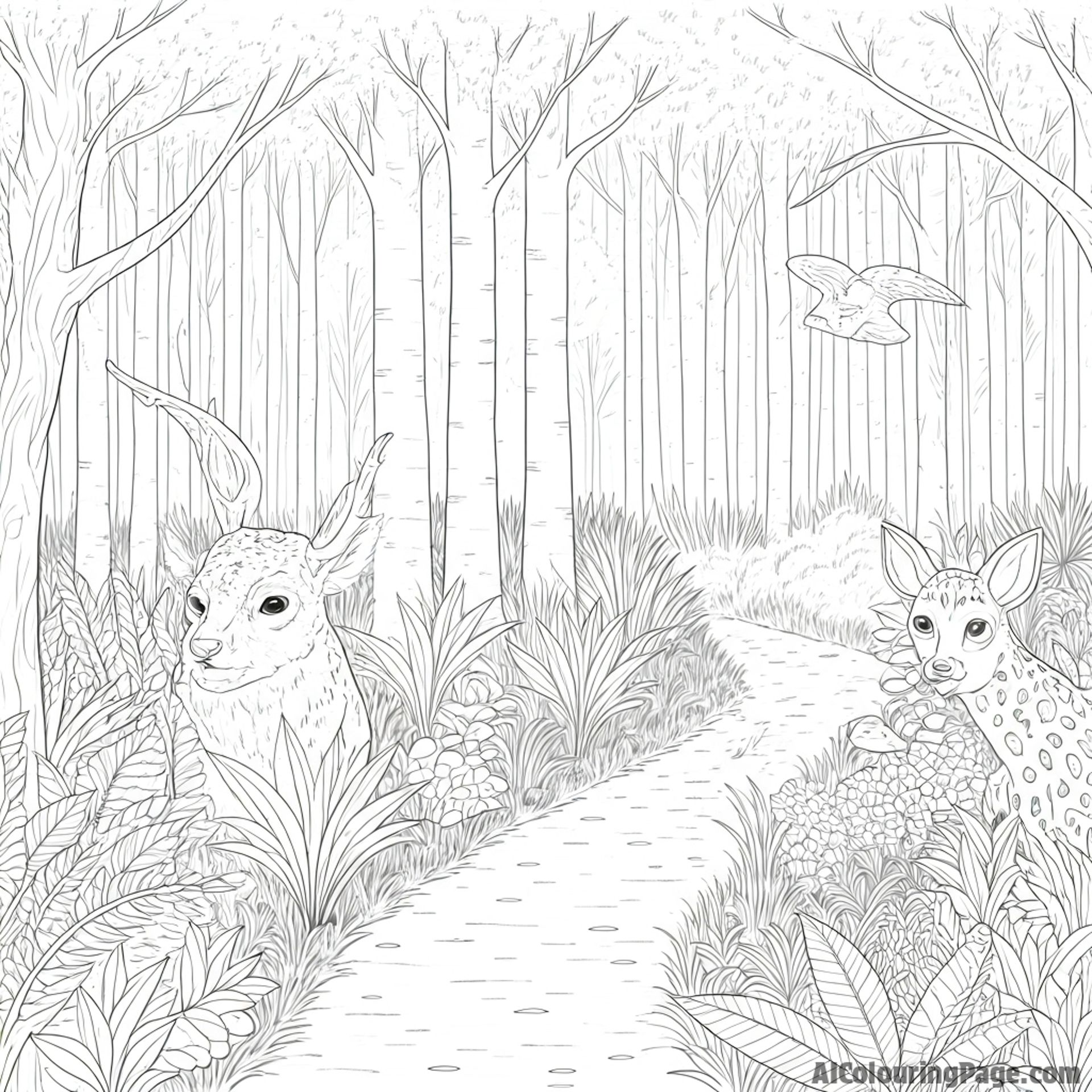 Forest teeming with wildlife, elusive creatures, natural harmony, biodiversity.
