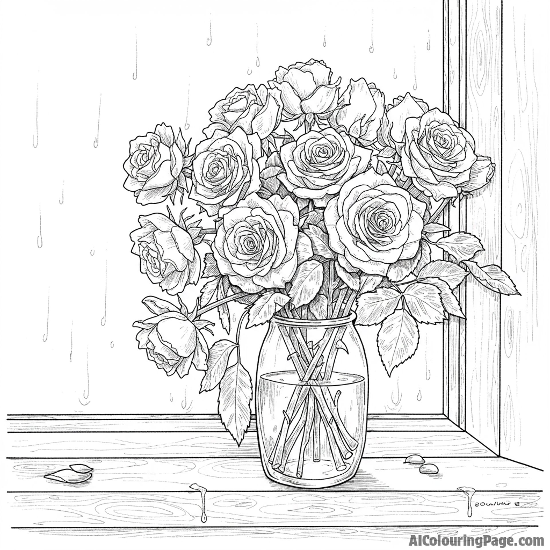 A bouquet of wilting roses on a rainy window sill.