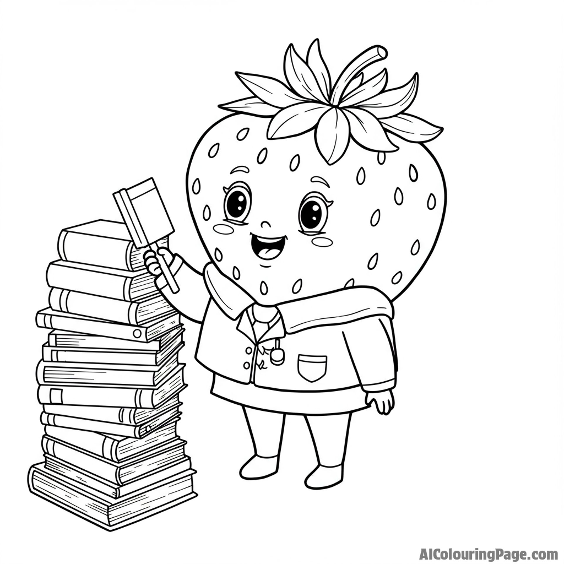 strawberry librarian, surrounded by books