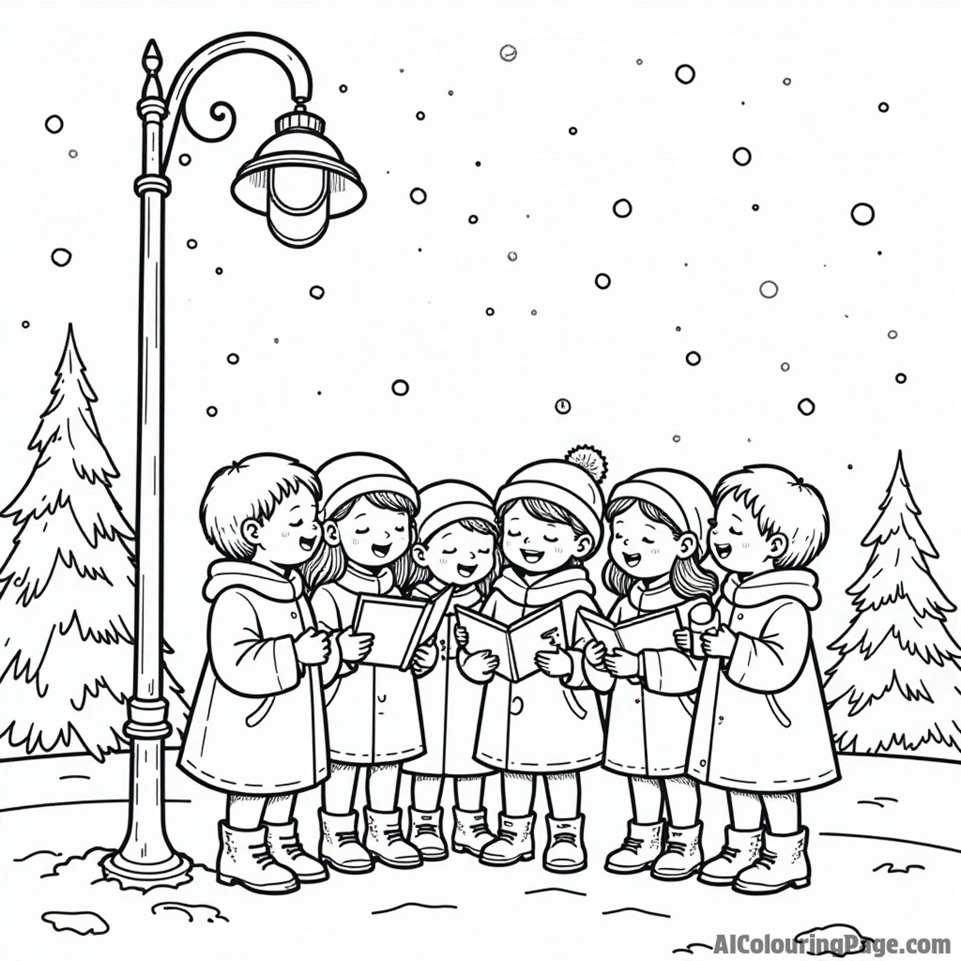 A group of children caroling under a streetlamp, with snow falling gently around them and festive decorations in the background.