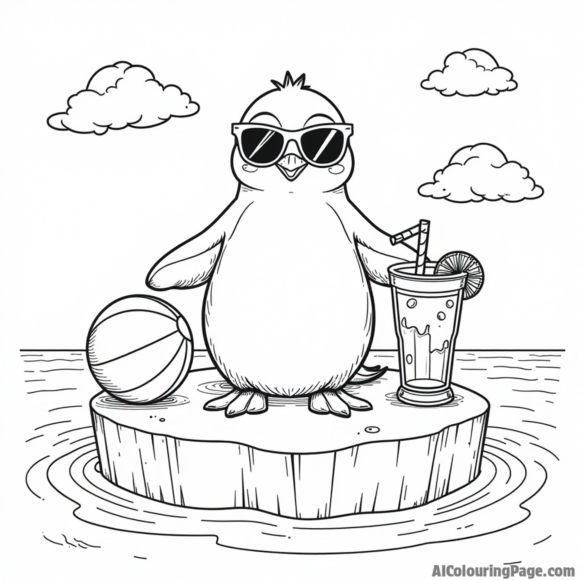 A penguin wearing sunglasses, relaxing on an iceberg with a tropical drink and a beach ball nearby.
