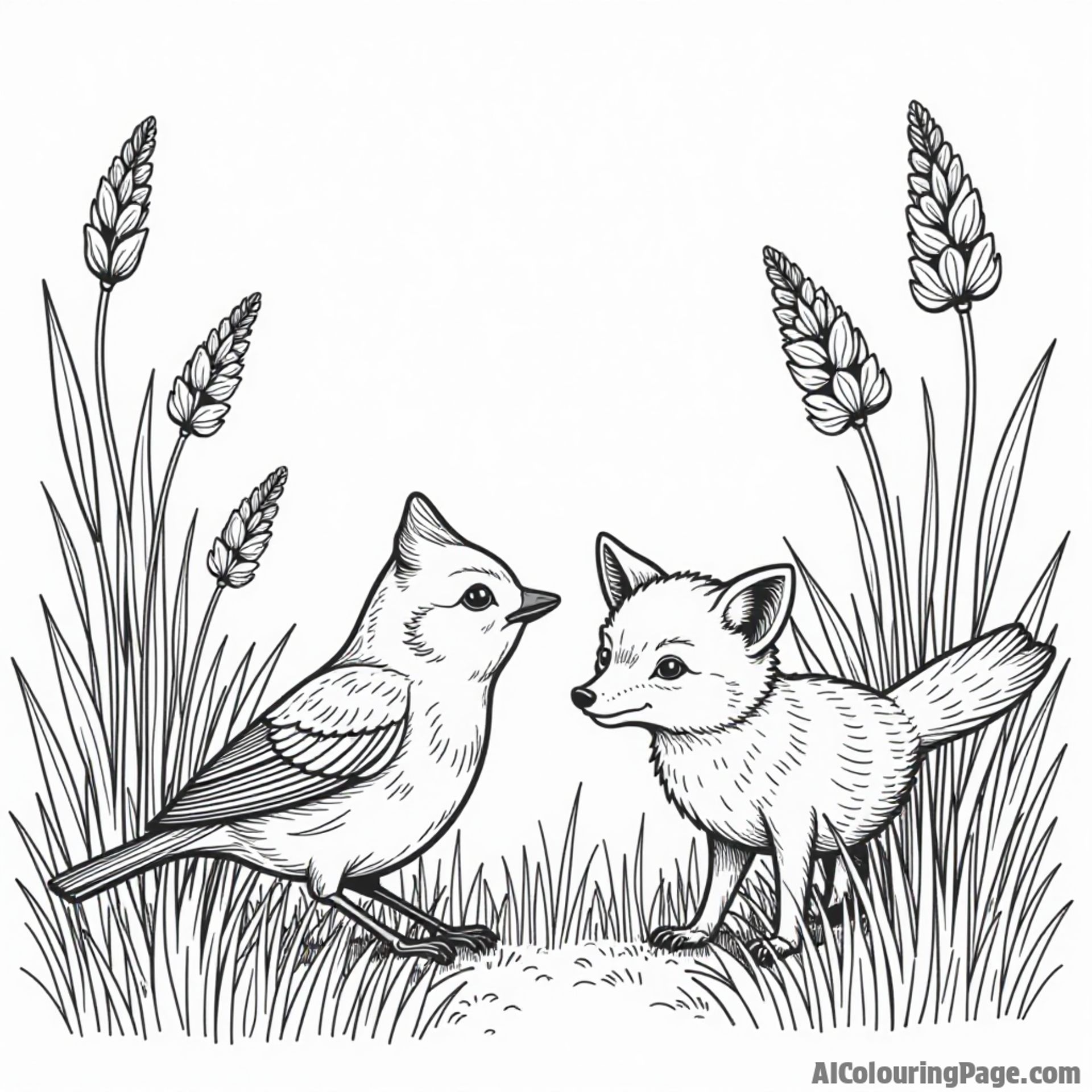 A robin playing hide and seek among tall grass and wildflowers, with a friendly fox peeking through, perfect for kids.