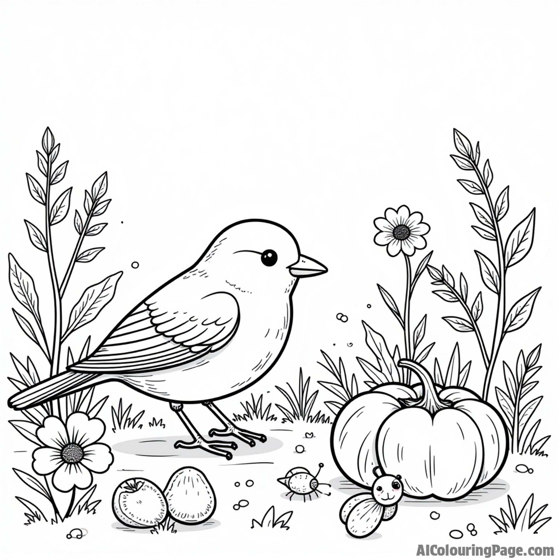 A robin exploring a garden filled with vegetables and fruits, with cute insects and flowers around, perfect for kids.