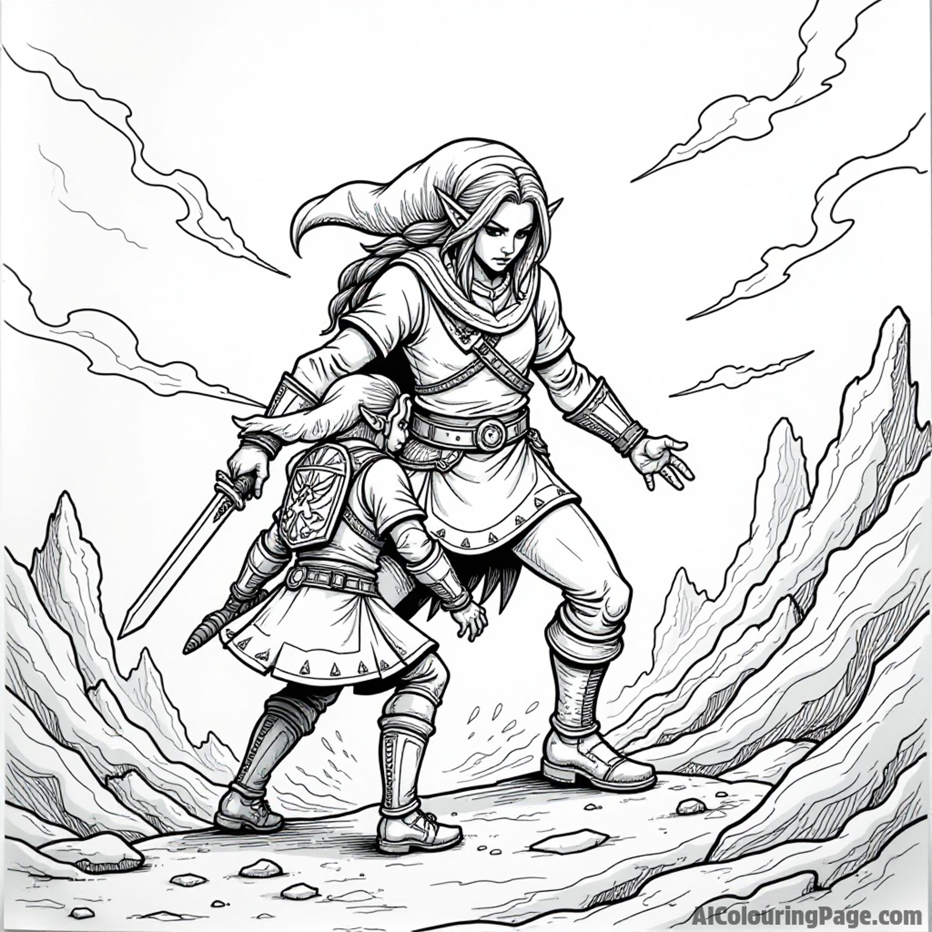 A fierce guardian facing Link in a dramatic standoff, surrounded by ruins, glowing energy, and a sense of adventure