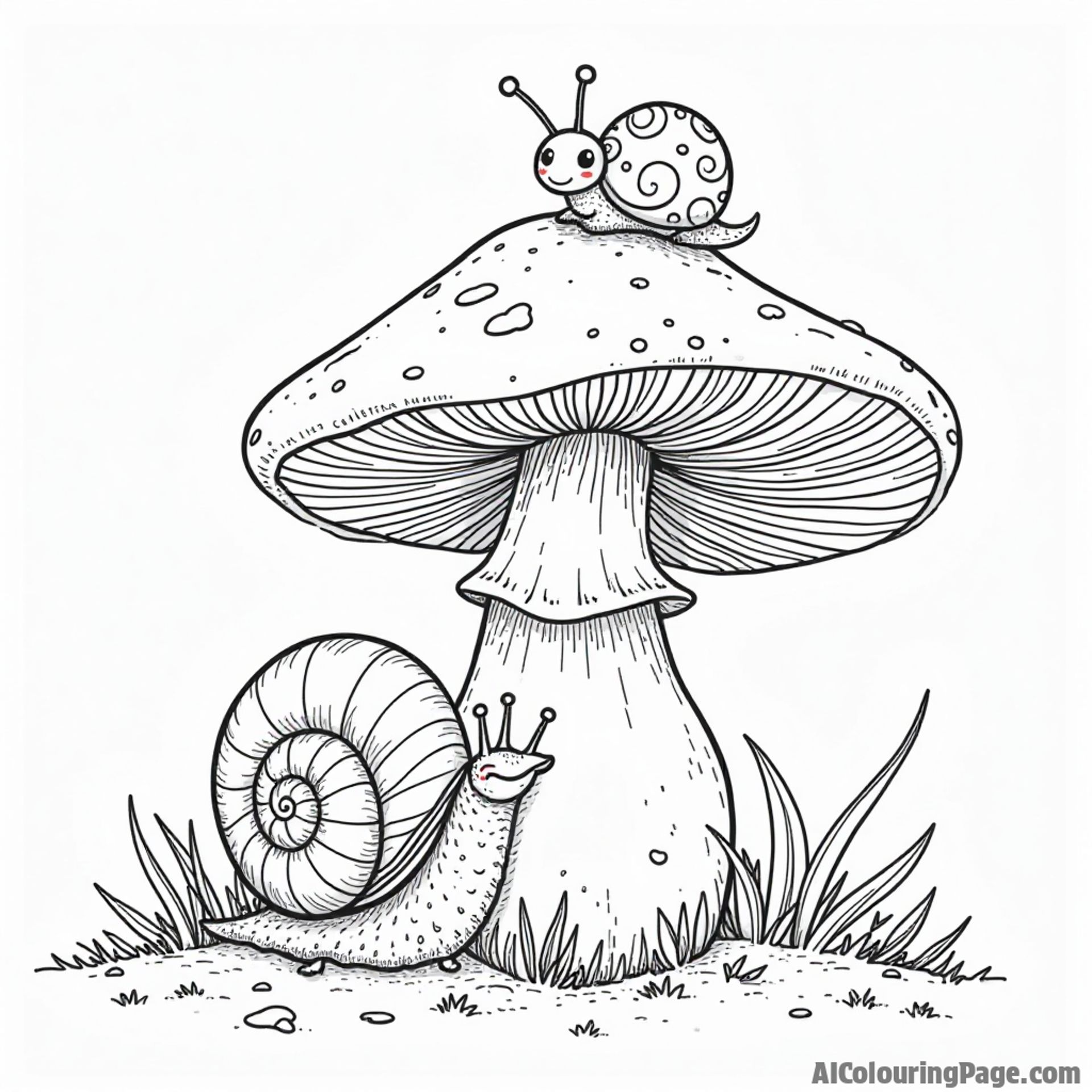 A curious snail peeking out from behind a mushroom, with a ladybug perched on top, in a whimsical forest scene.