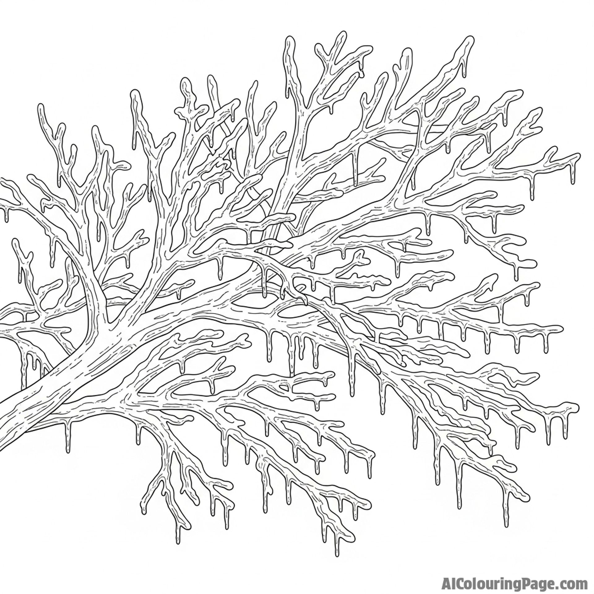 Bare tree branches covered in ice, sparkling in the sunlight.
