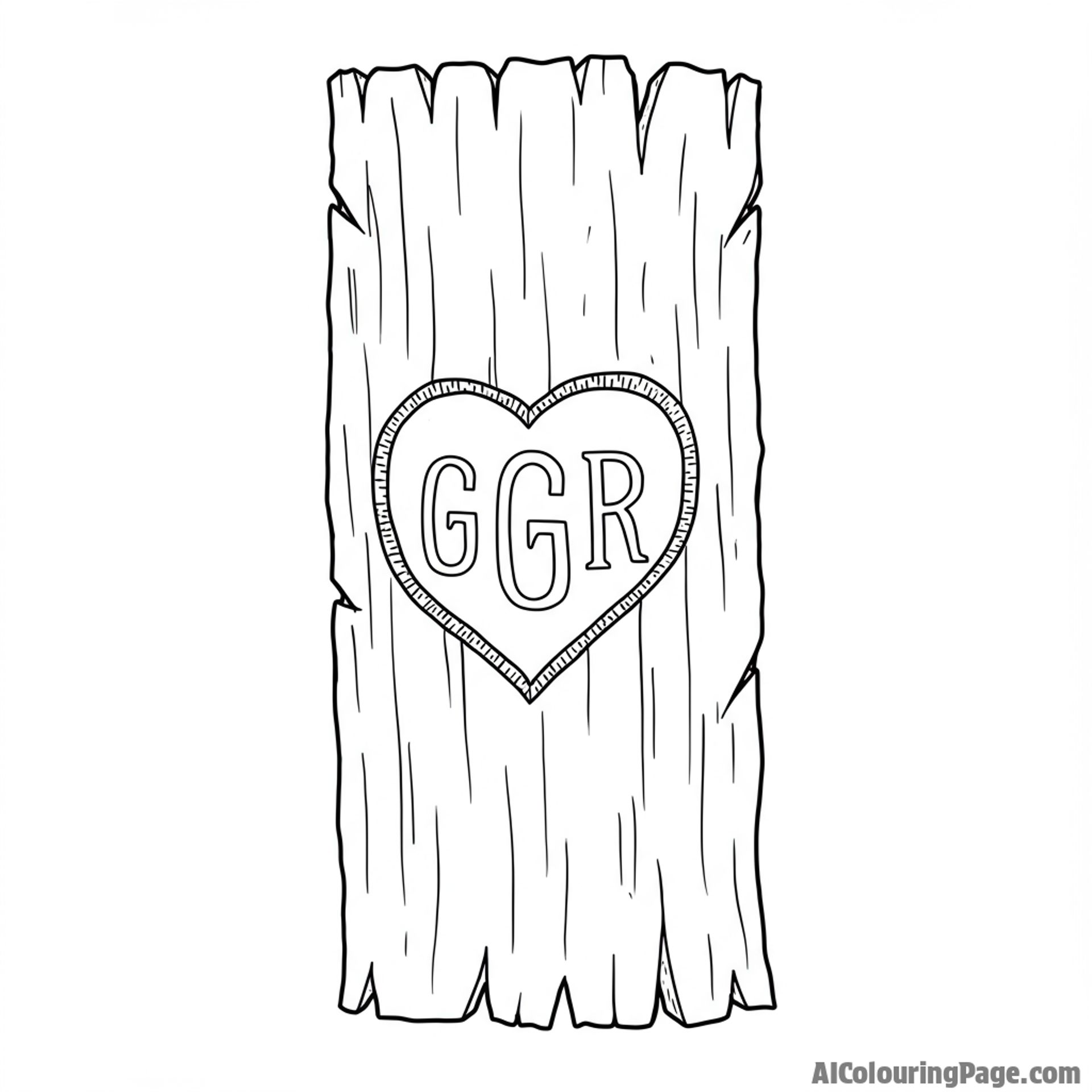 A carved tree trunk with initials inside a heart.