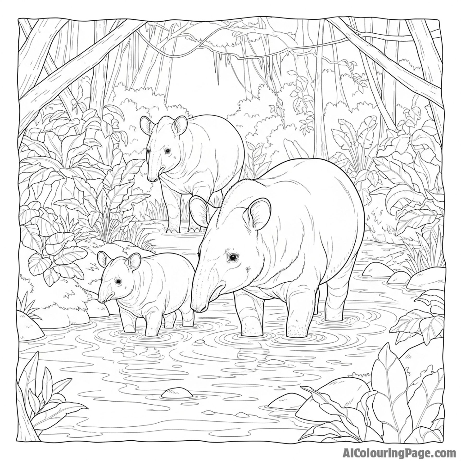 A family of tapirs wading through a shallow stream in the rainforest.