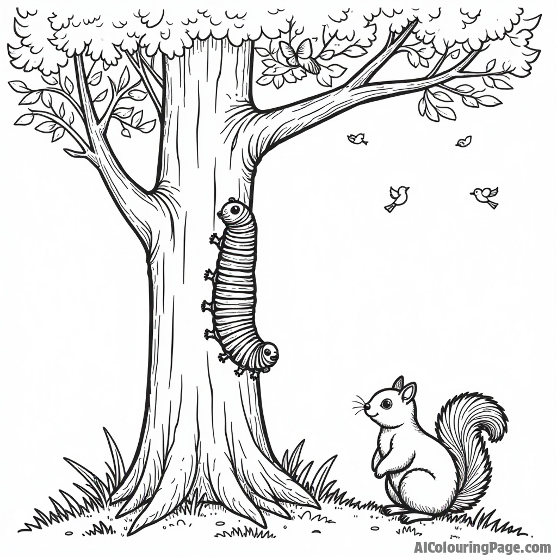 A caterpillar climbing a tall tree with birds singing nearby and a squirrel watching from a branch in this scene.