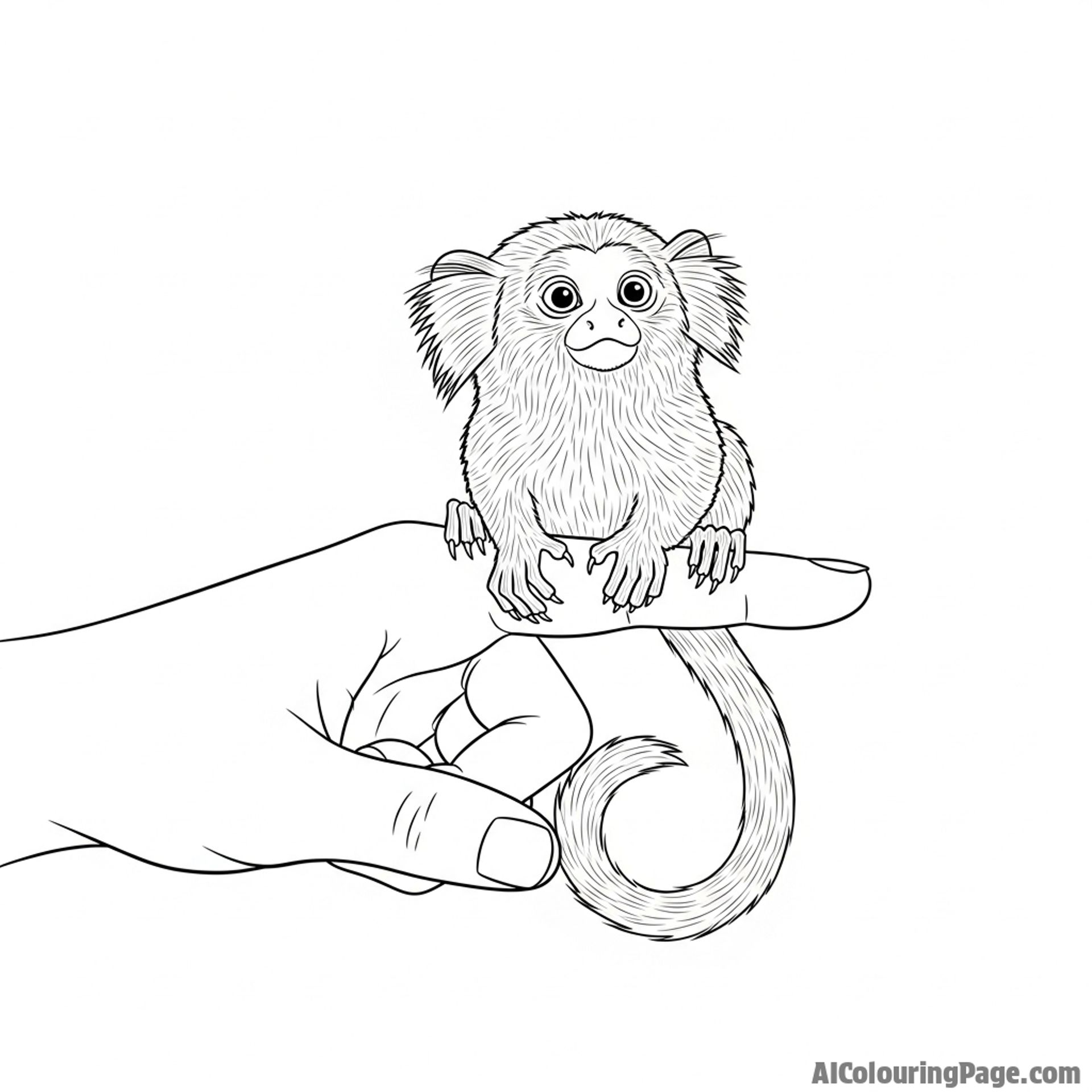 A tiny marmoset perched on a person's finger, looking up with wide eyes.