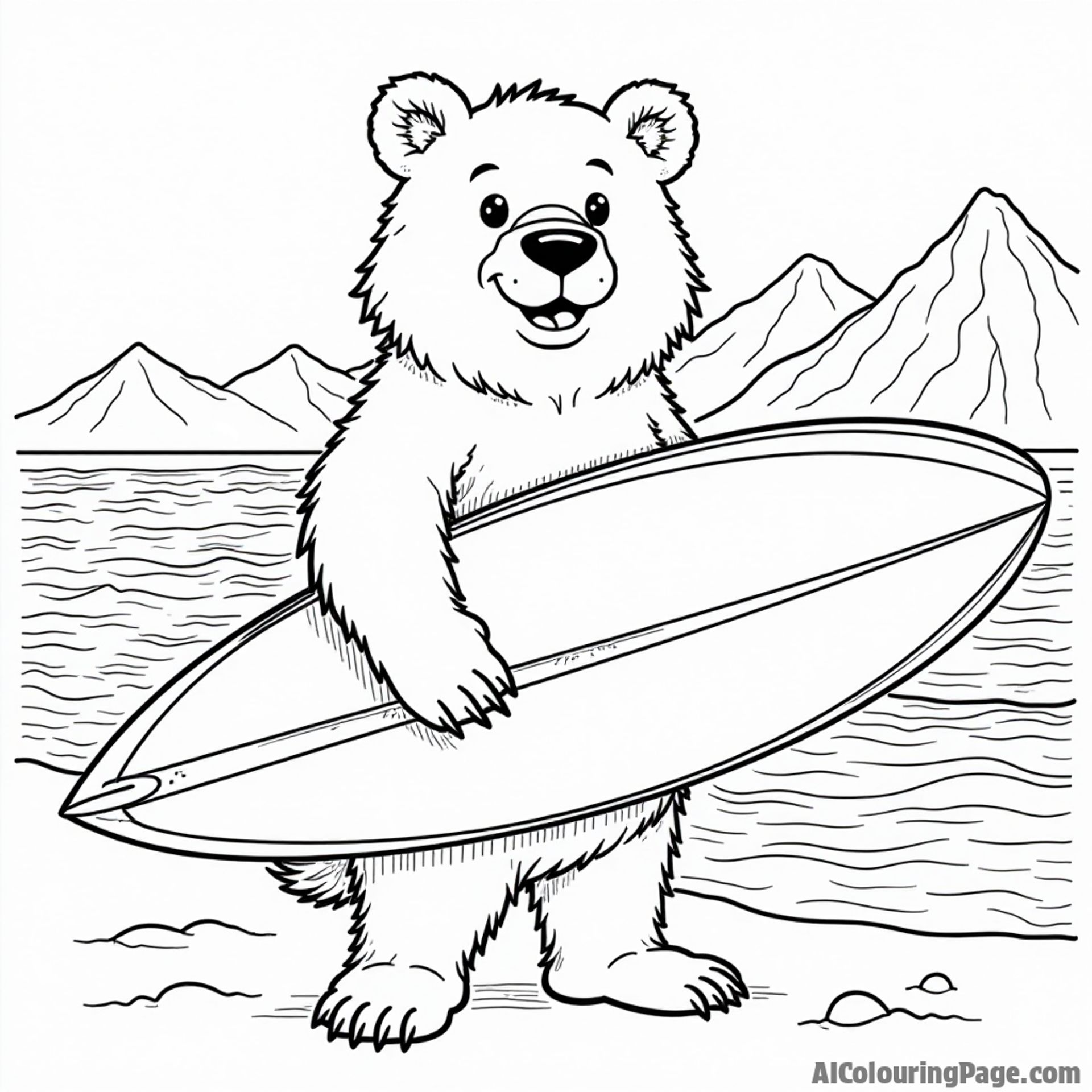 A friendly bear holding a surfboard, with mountains and waves in the background, showcasing California wildlife in coloring book form.