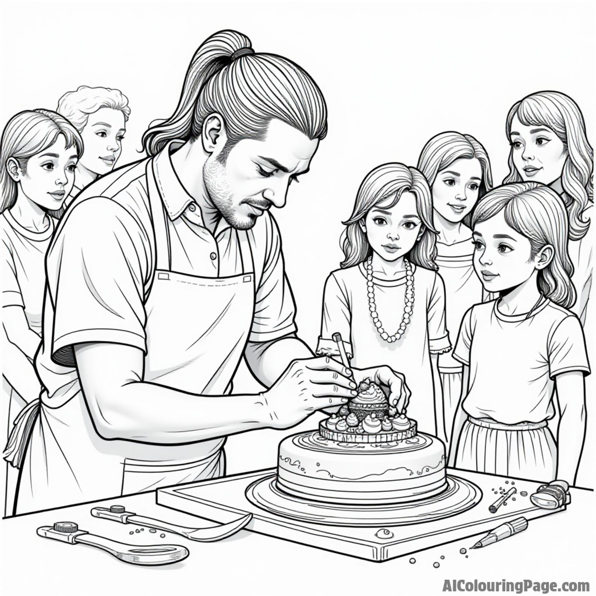 A chocolate artist sculpting a masterpiece out of chocolate surrounded by amazed onlookers.