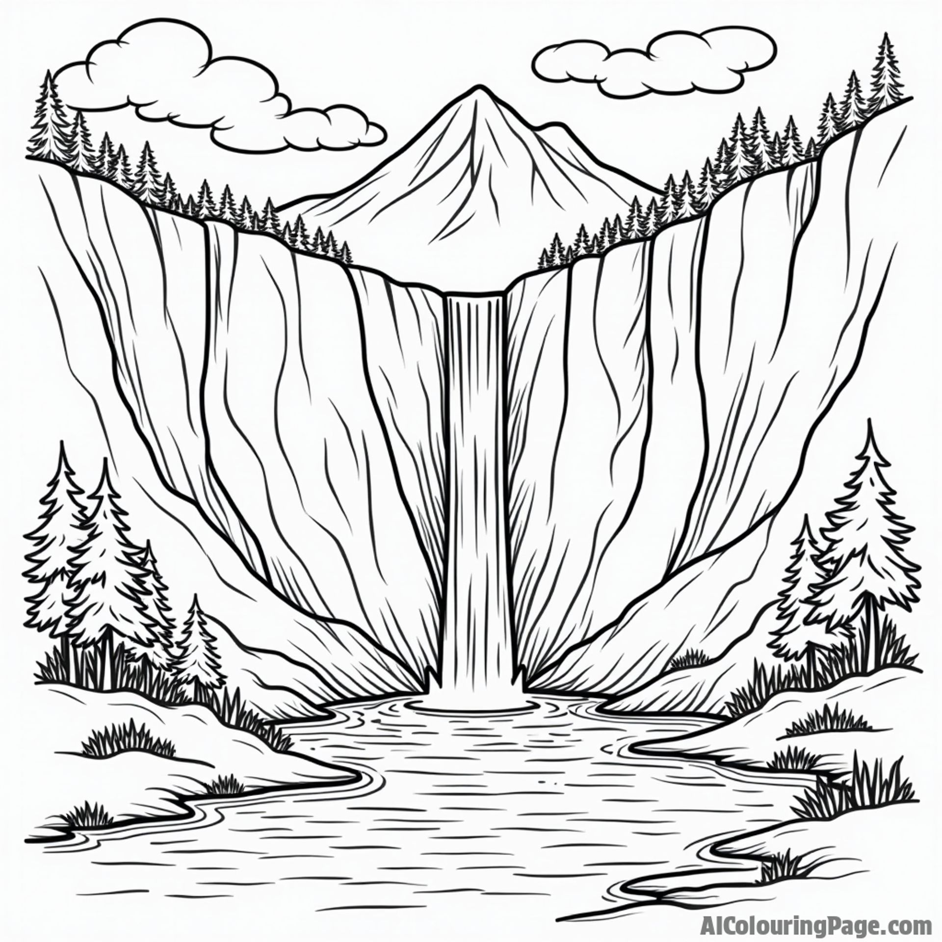 A mountain waterfall cascading down a cliff face into a pool.