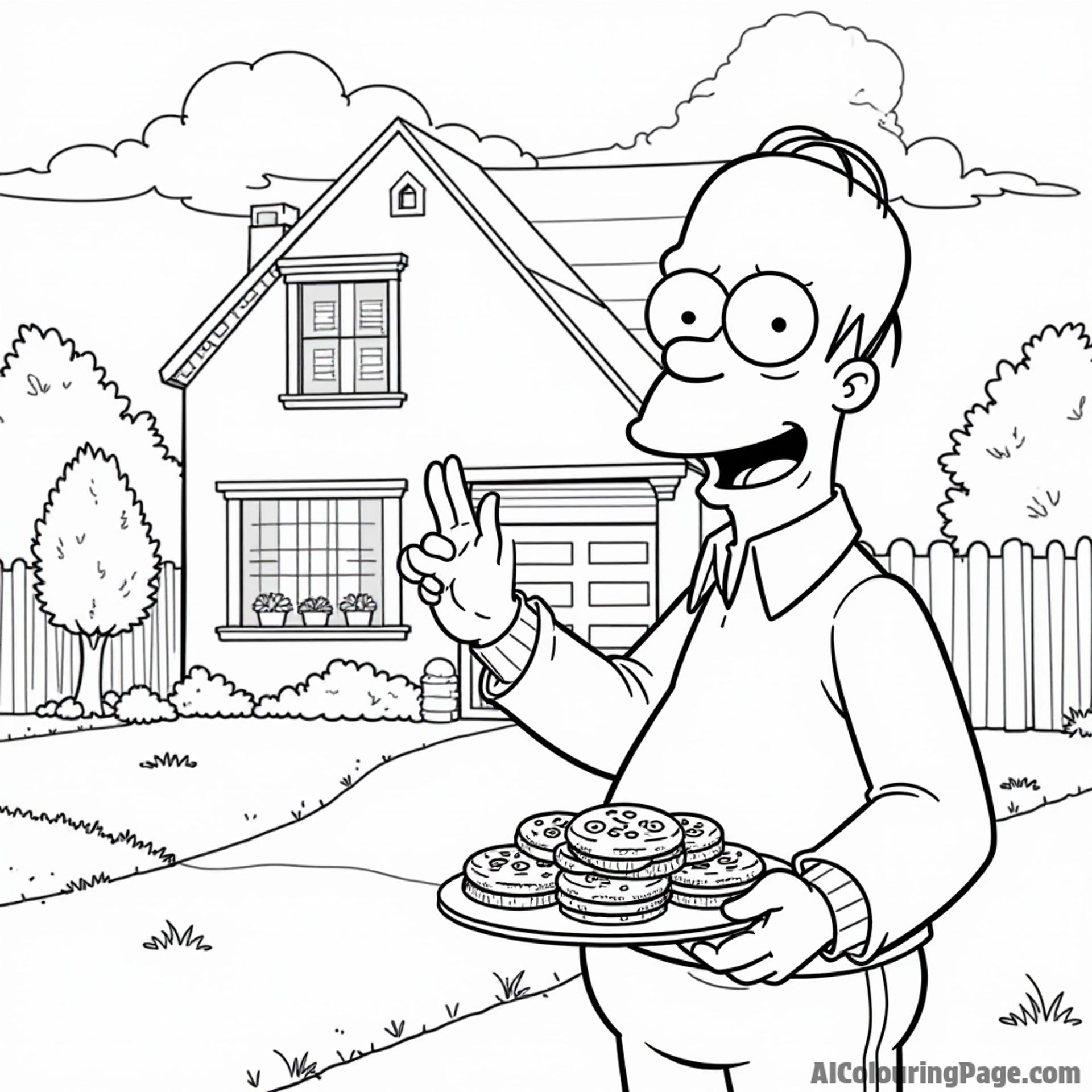 Ned Flanders with a big smile, holding a plate of cookies while standing in front of his charming house in Springfield.