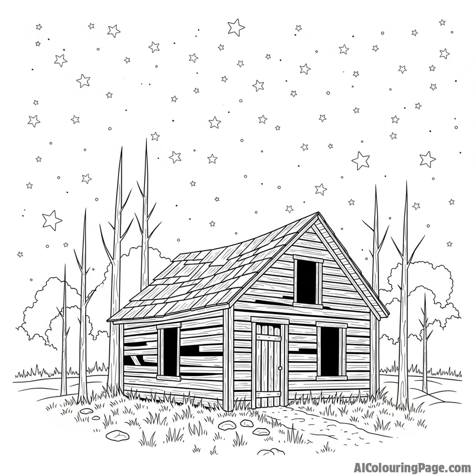 Abandoned cabin with a star-filled sky above.