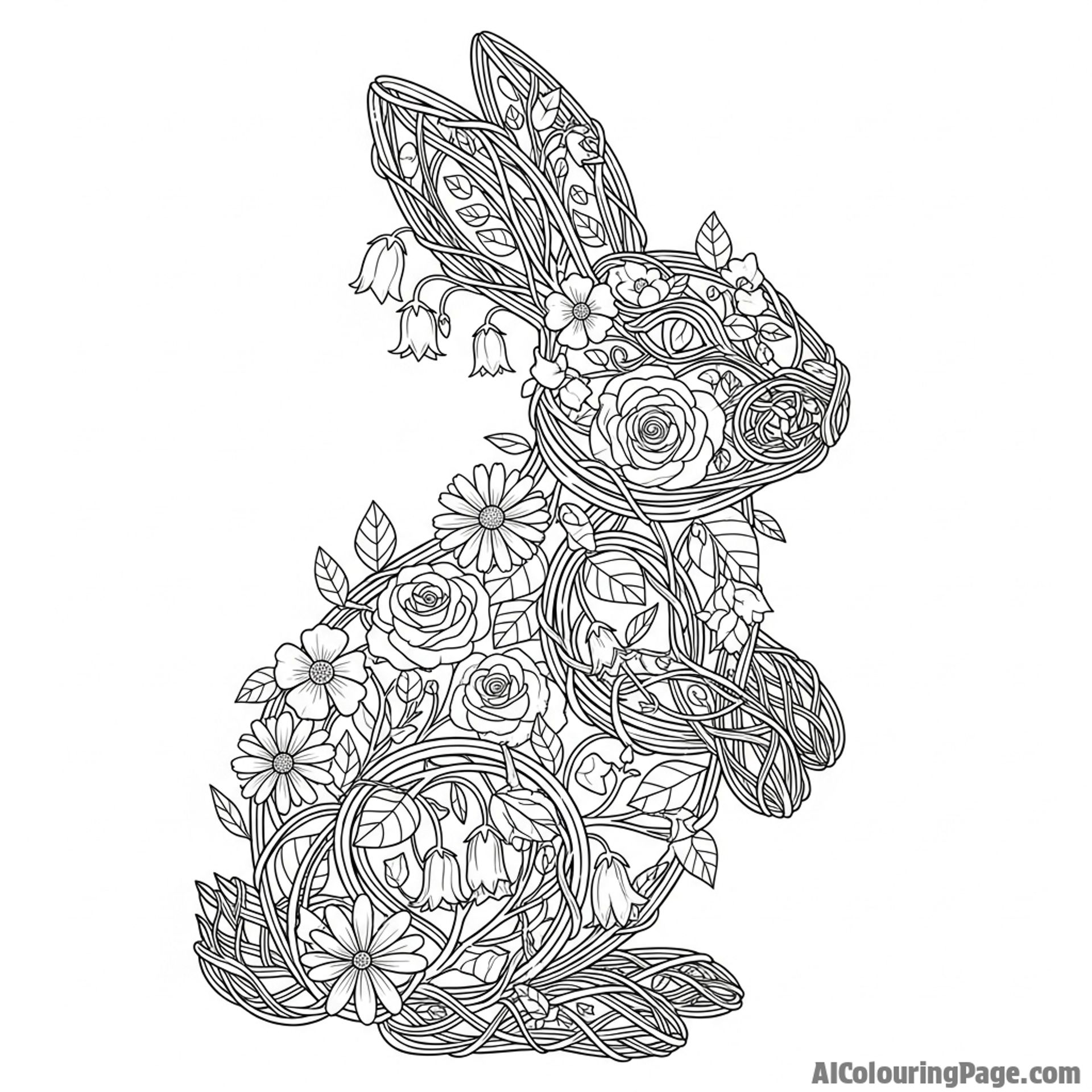 A rabbit made of woven vines and flowering plants.