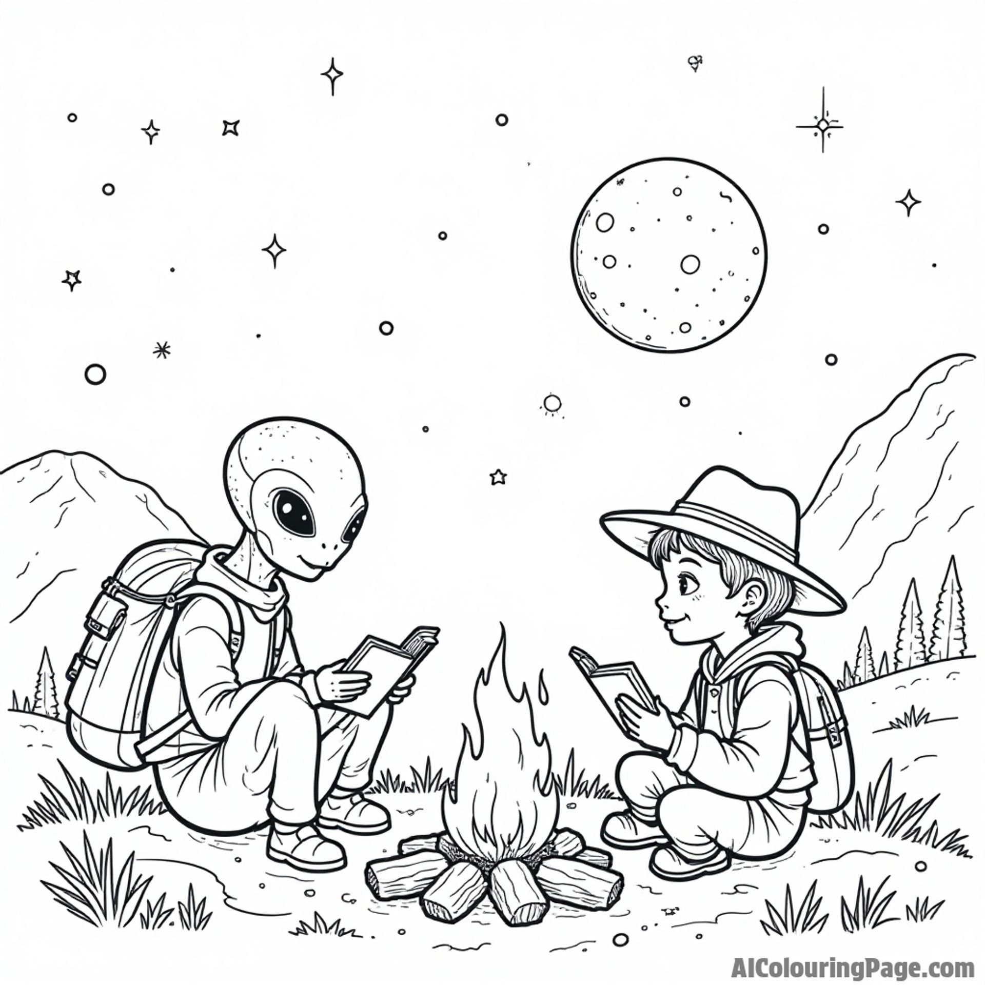 A friendly alien and a young explorer sharing stories around a campfire on a distant planet under a starry sky.