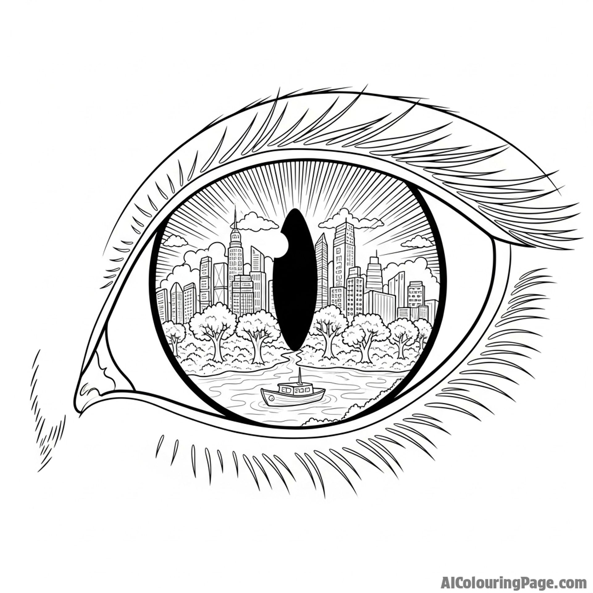 A close-up of a cat's eye, with the world reflected in its pupil.