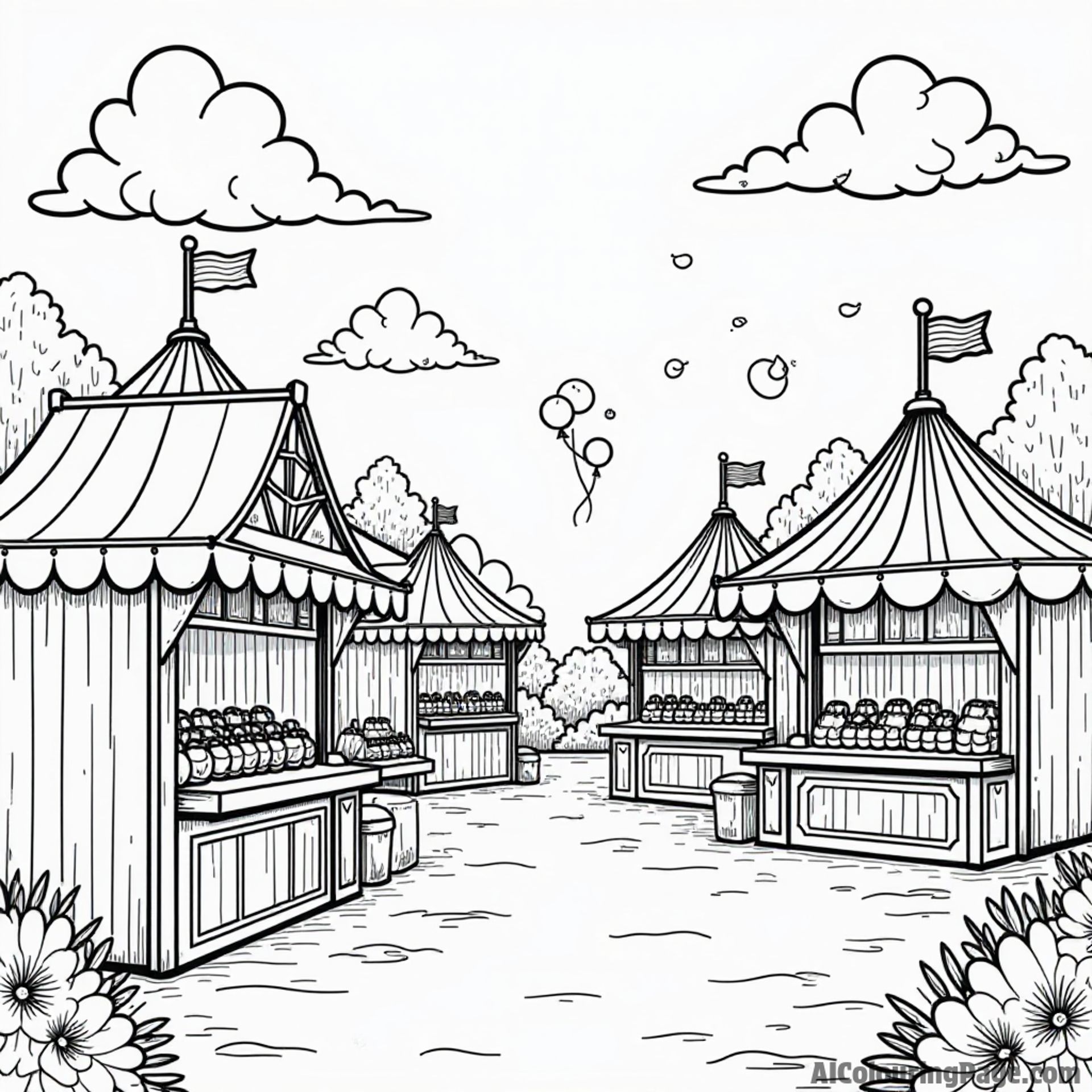 A vibrant carnival scene with candy apple stands, game booths, and colorful balloons for children to enjoy coloring happily.