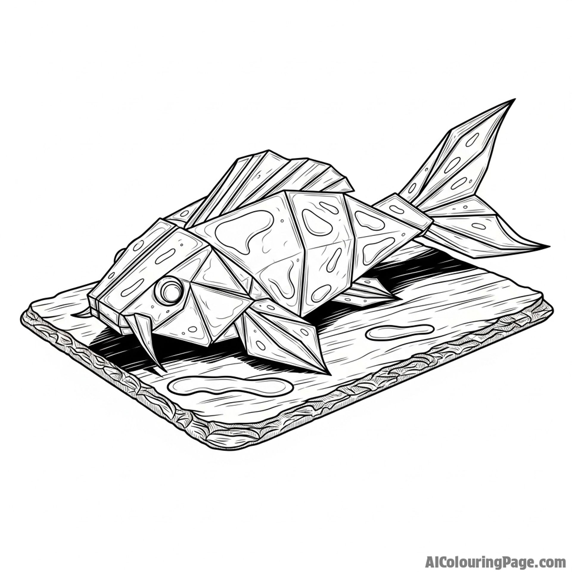 An intricate origami koi fish, appearing wet and glistening on a dark slate surface.