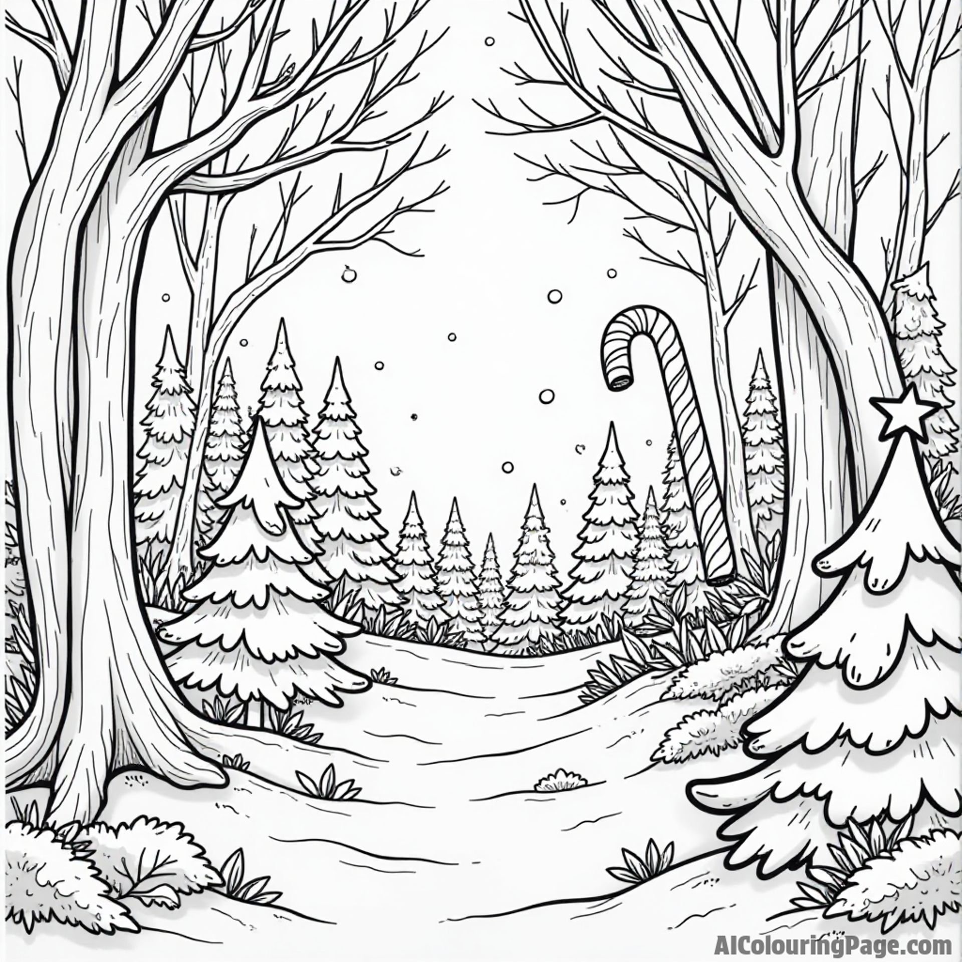 A magical forest made of candy canes, chocolate trees, and marshmallow bushes, inviting children to explore and color.