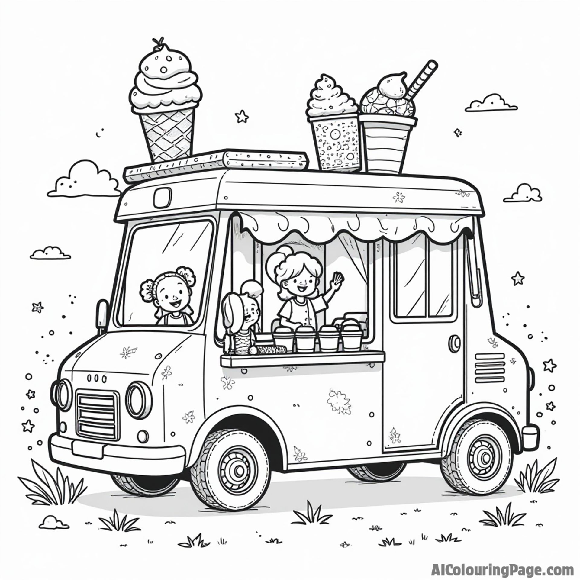 A whimsical ice cream truck parked at a summer fair, with kids happily choosing their favorite flavors to color in.