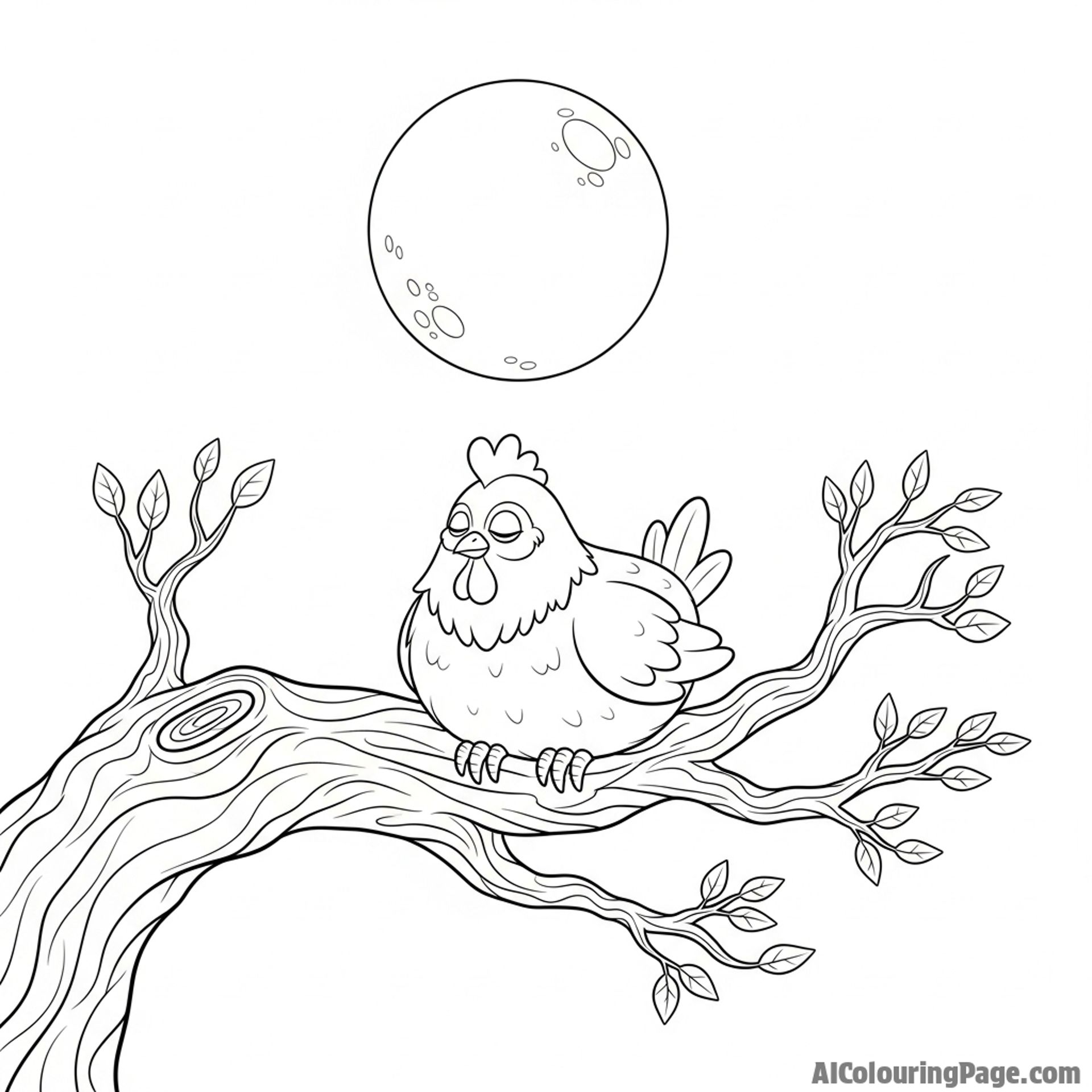 A chicken roosting on a gnarled tree branch under a full moon.