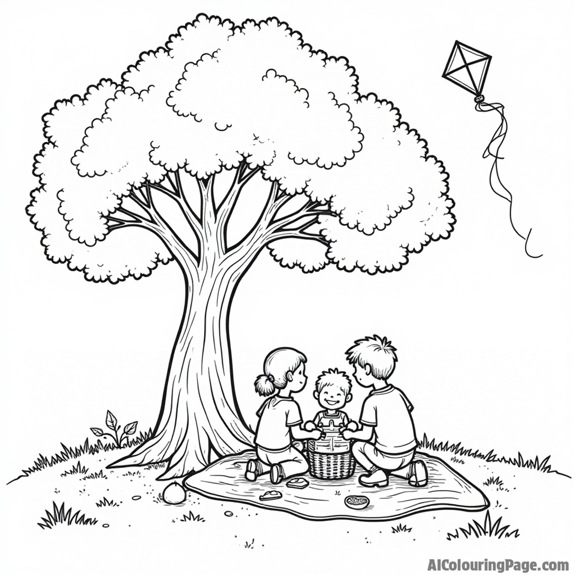 A family enjoying a picnic under a large oak tree, with a kite flying in the sky, ideal for kids to color.