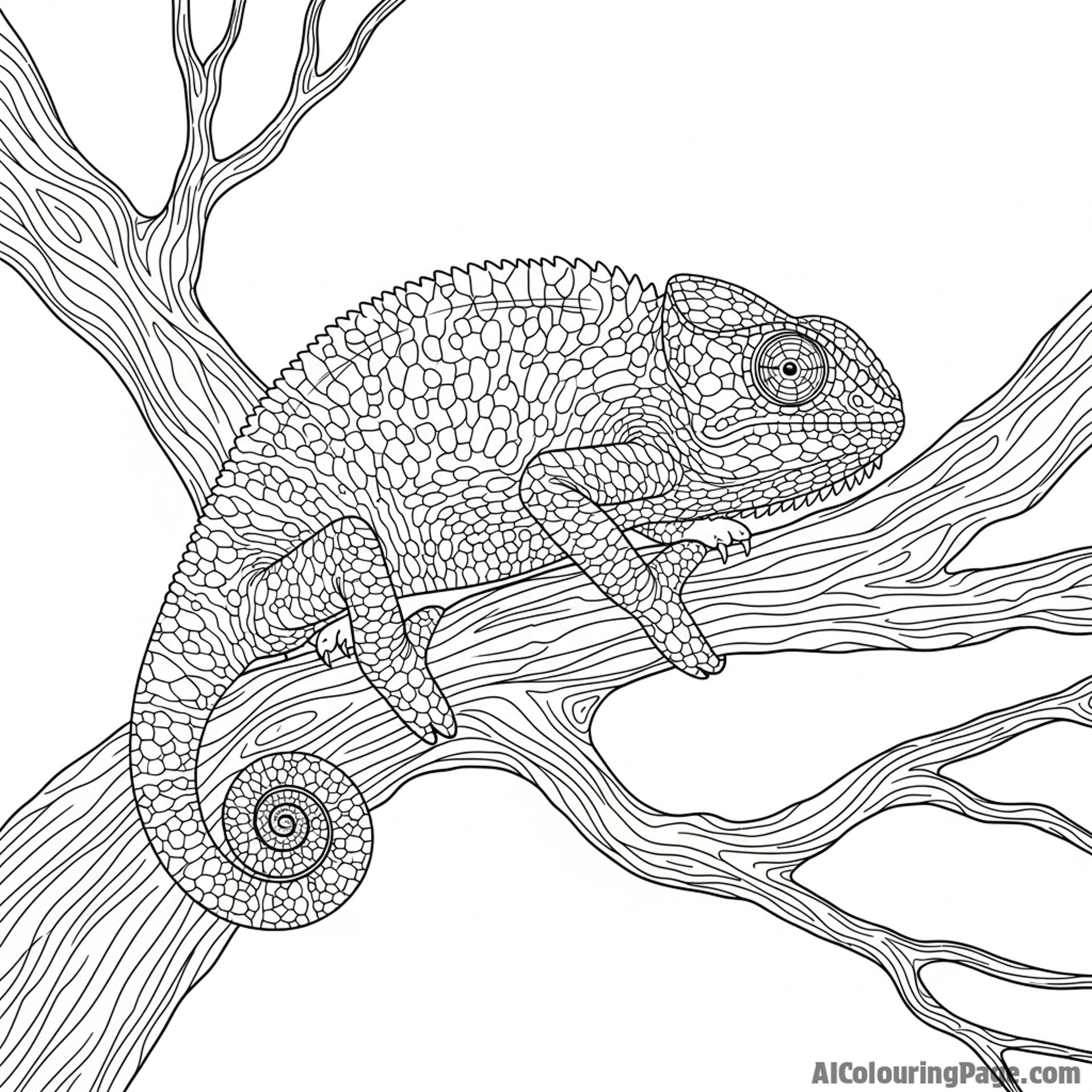 A chameleon camouflaged on a gnarled tree limb, almost invisible