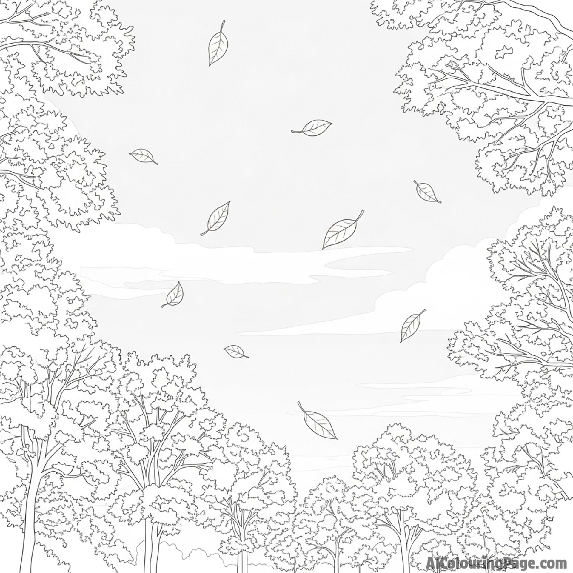 Silhouette of trees against a pale, overcast sky with leaves falling.