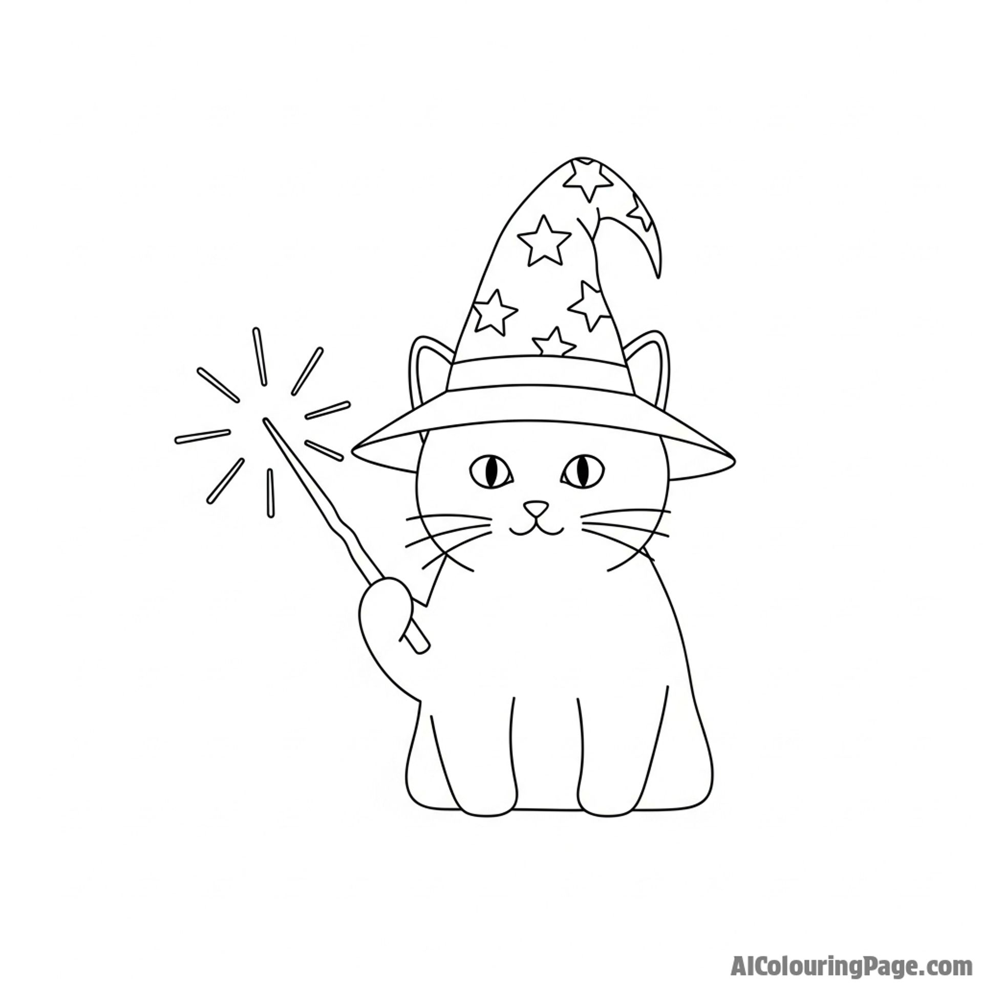 A wizard cat wearing a pointed hat, holding a glowing wand.