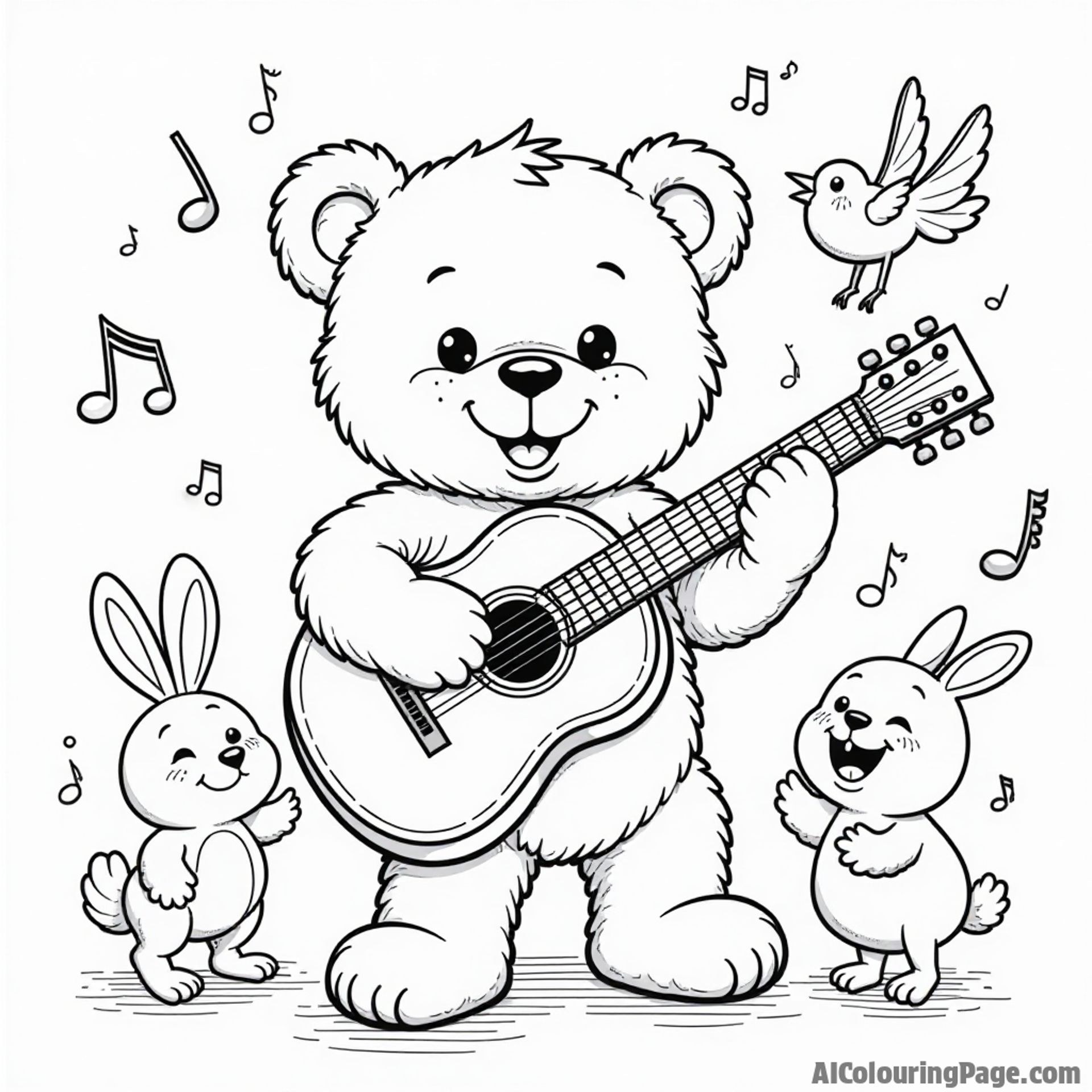 A teddy bear playing the guitar with musical notes around, accompanied by a dancing bunny and a cheerful bird, creating a fun and musical coloring experience for kids.