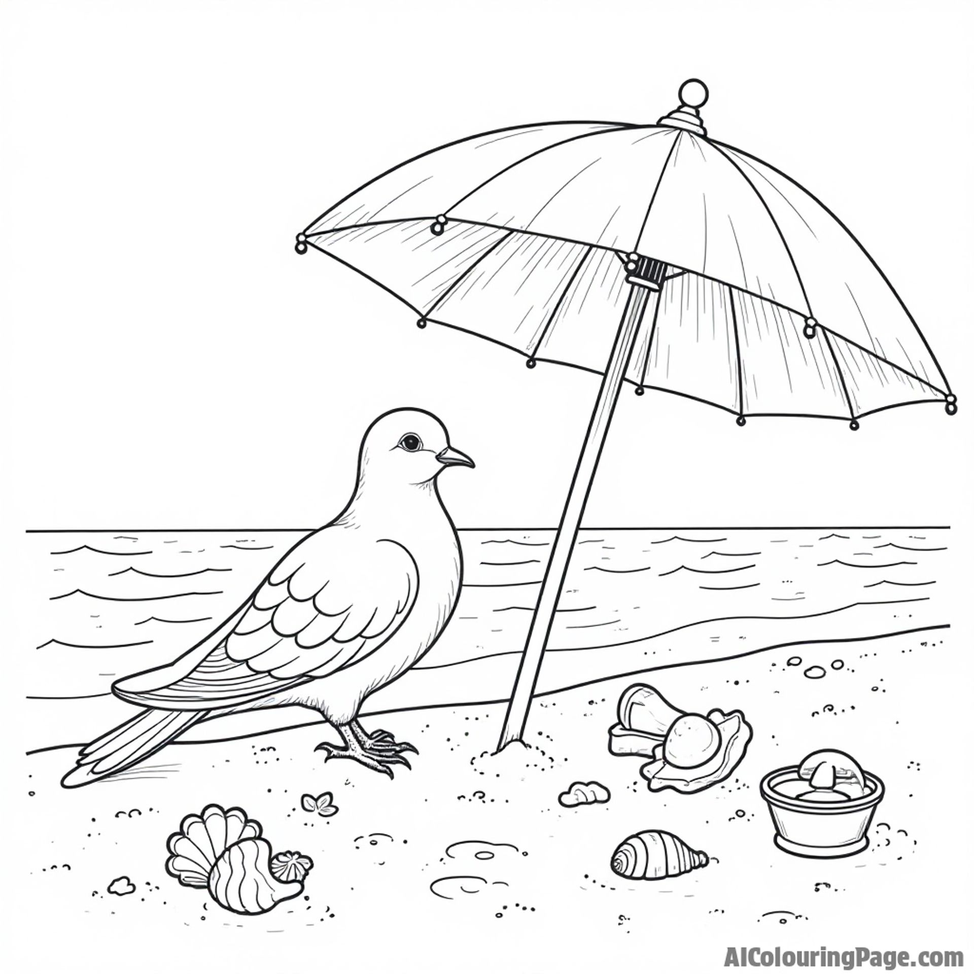 A dove perched on a beach umbrella, overlooking the ocean waves, with seashells and beach toys scattered around for kids.