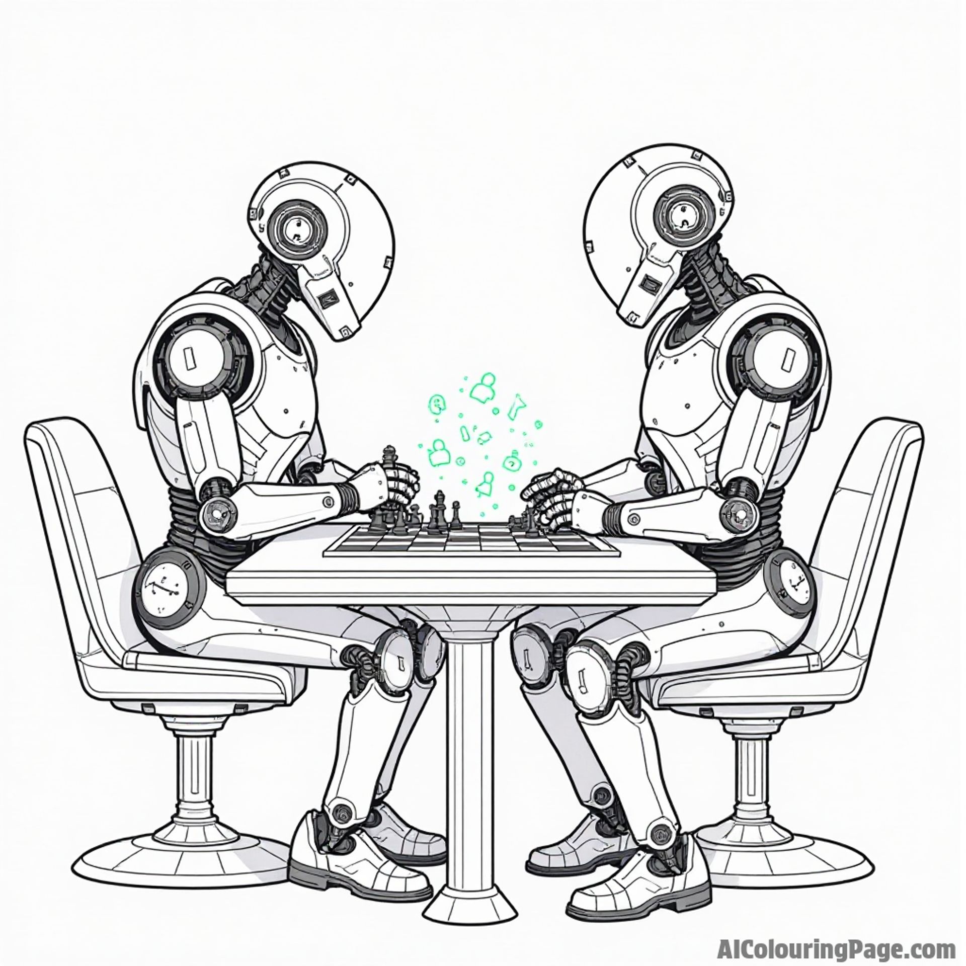 A pair of droids playing a game of chess on a futuristic table, with holographic pieces and curious onlookers around.