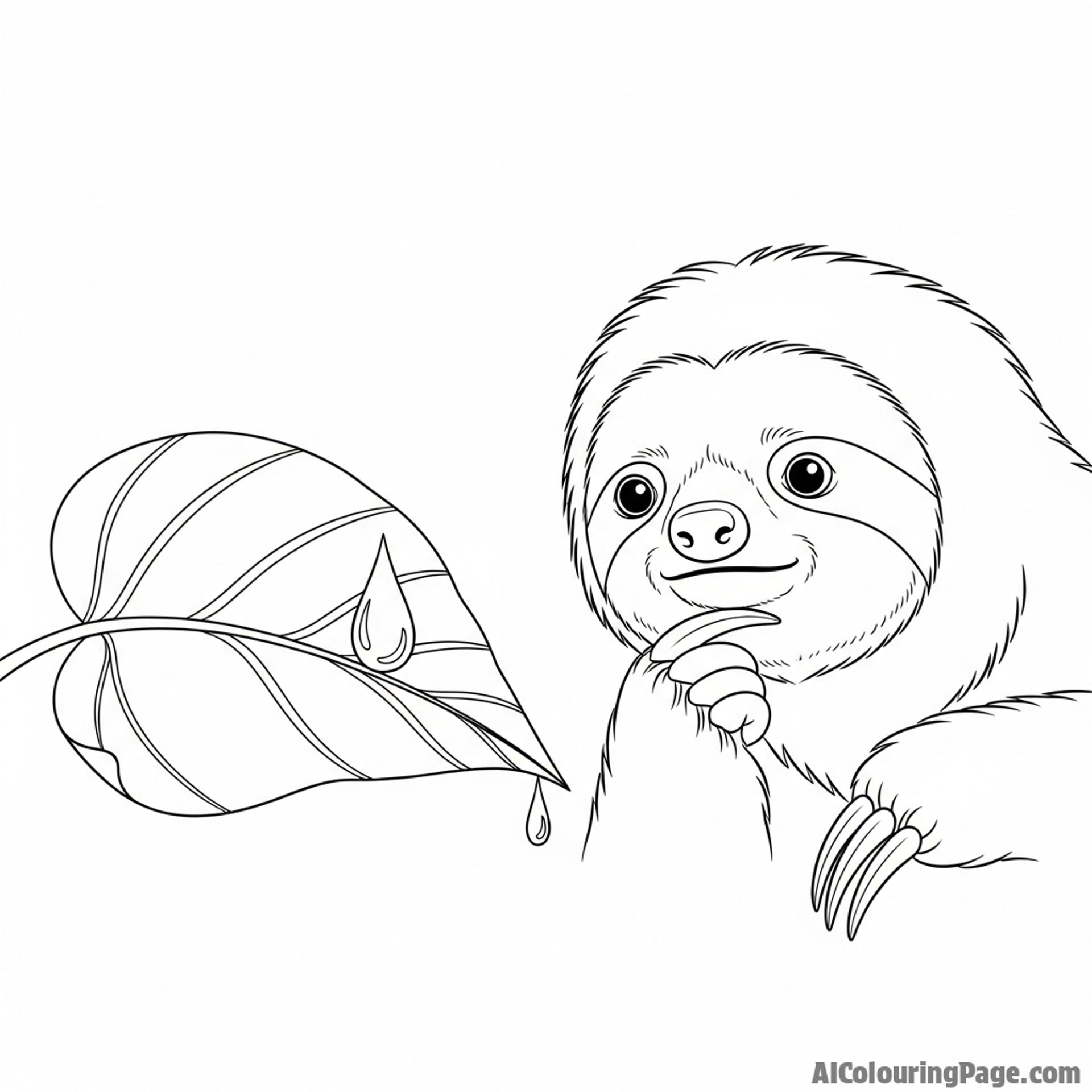 A sloth looking thoughtfully at a single raindrop clinging to a leaf.