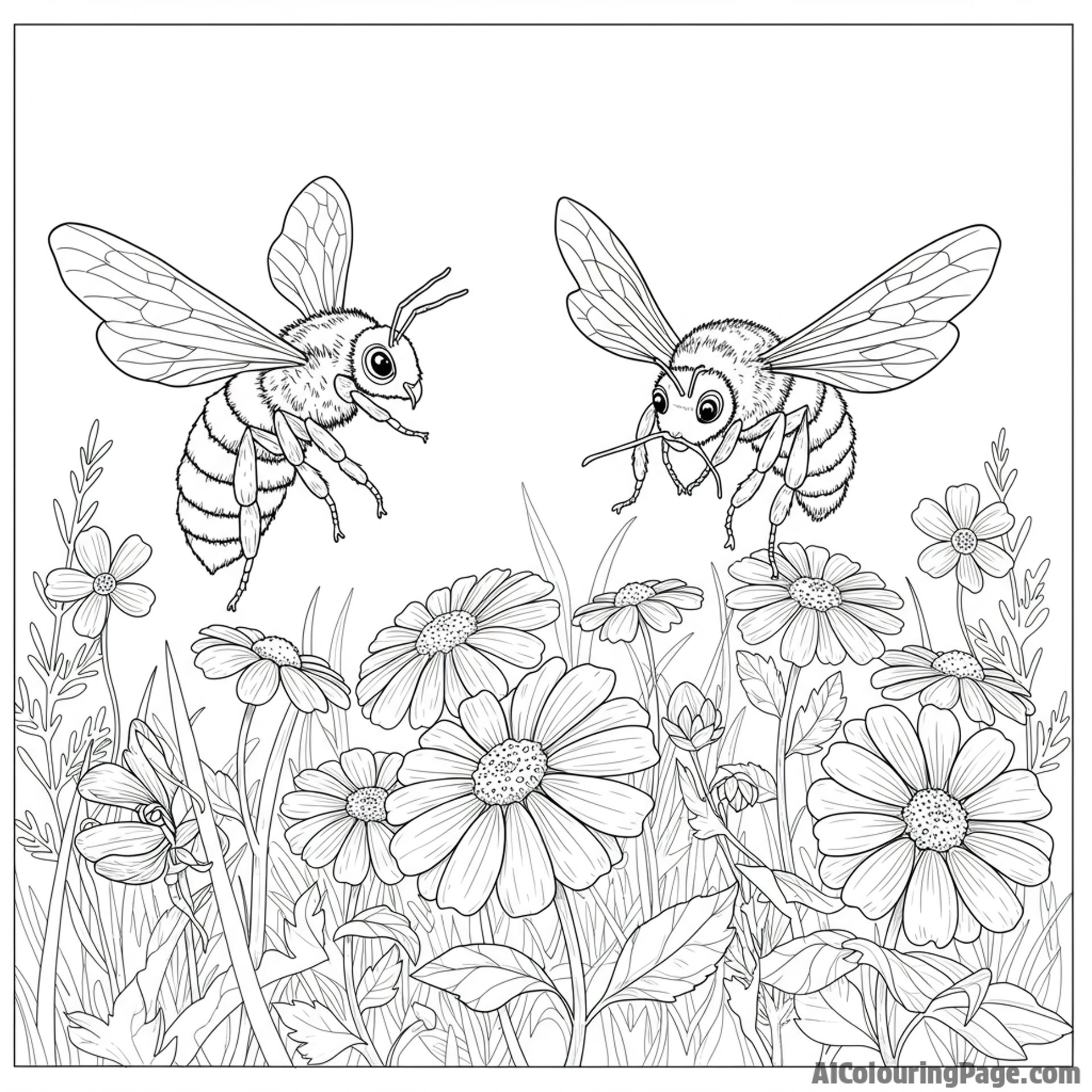 Bees pollinating flowers in a blooming meadow.