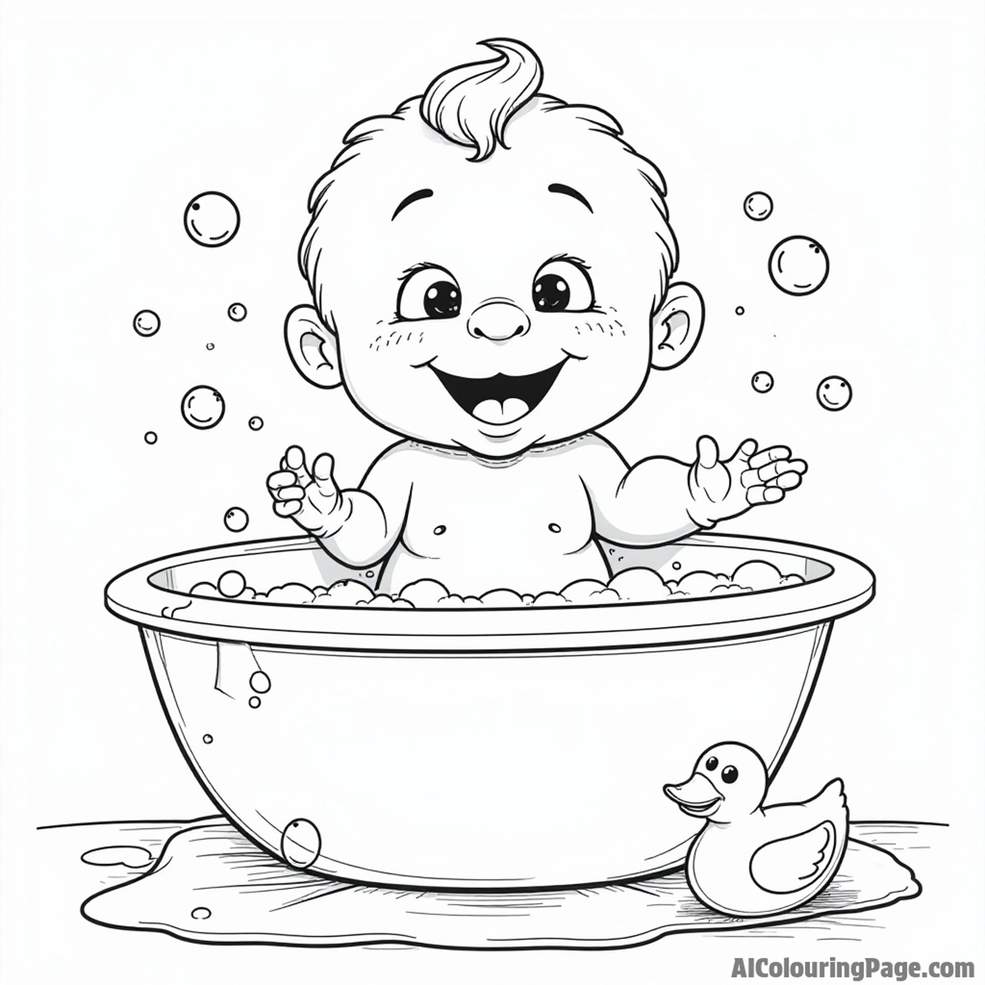 A Muppet baby playing in a bubble bath, with rubber duckies, colorful soap bubbles, and a big fluffy towel nearby.