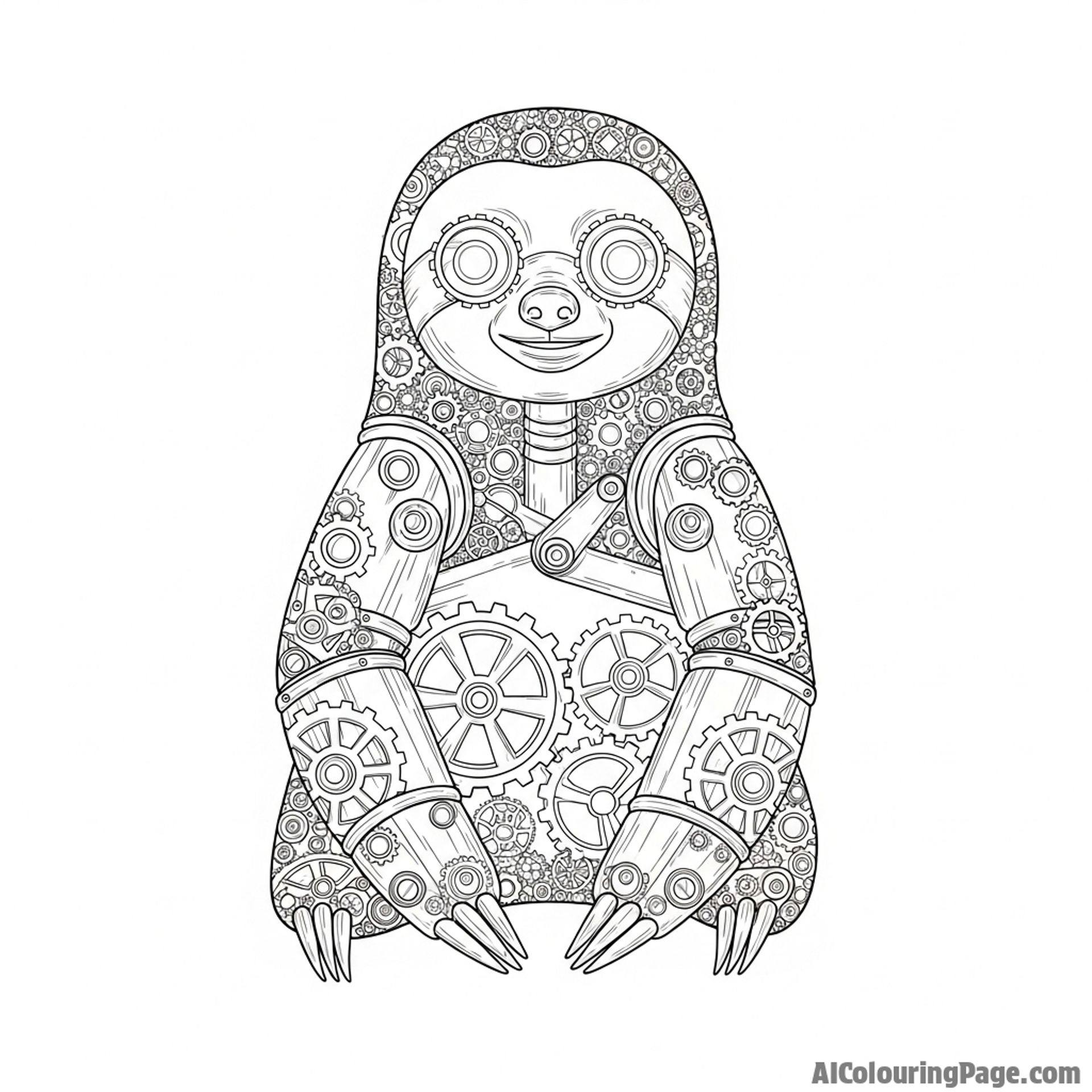 A steampunk sloth made of gears and polished brass, its eyes glowing faintly.