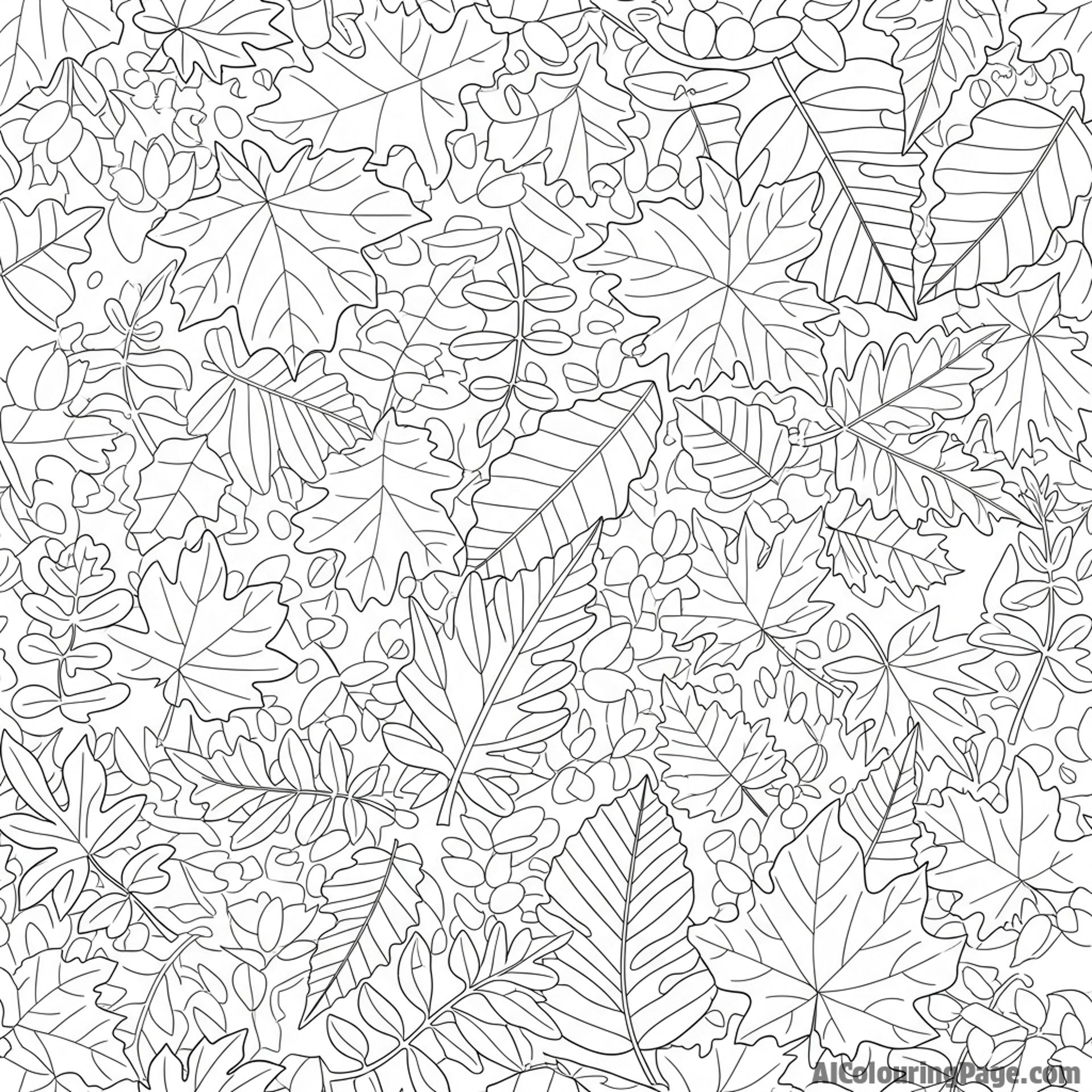 Forest floor littered with leaves of various shapes and sizes.