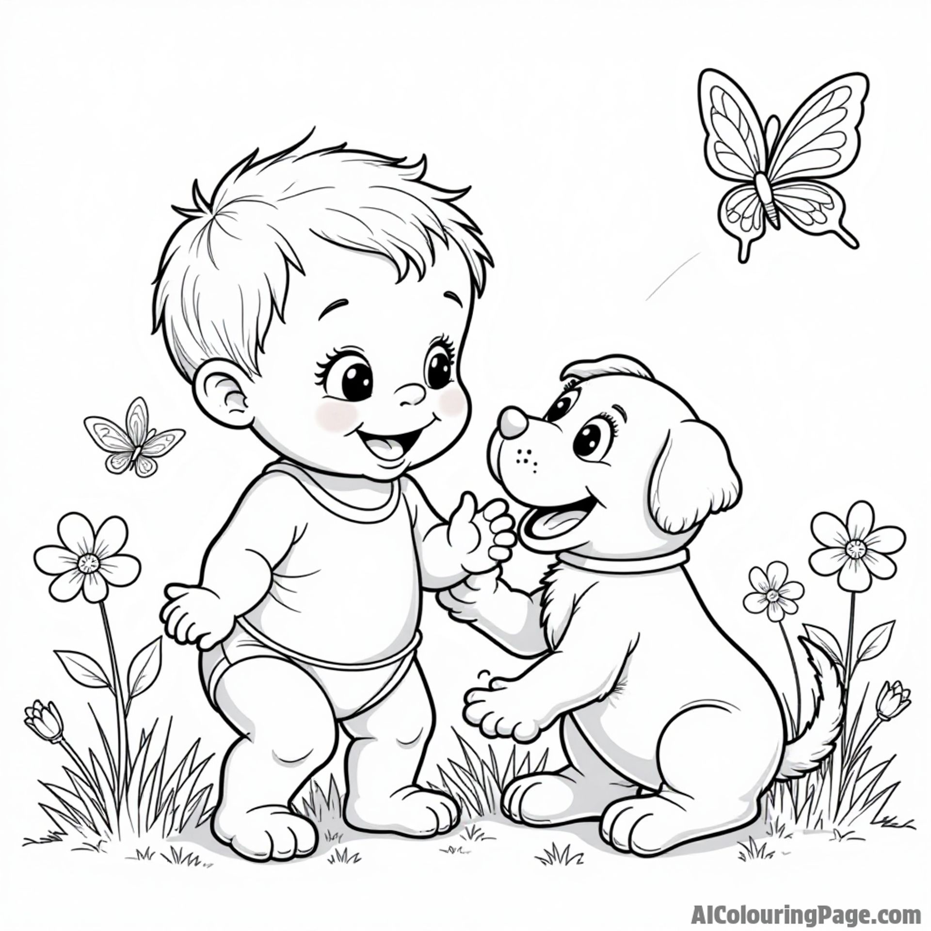 A Muppet baby playing with a puppy in a grassy field, with butterflies fluttering around and flowers blooming nearby.